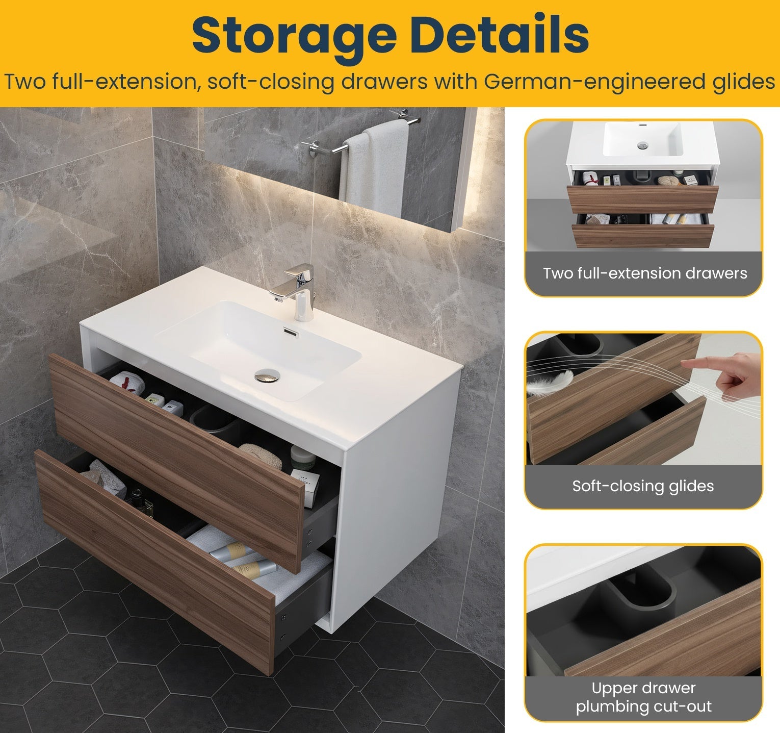 36" Walnut Wall Mount Vanity with White Polymarble Countertop-Migration_Bathroom Vanities-DECOROLALA