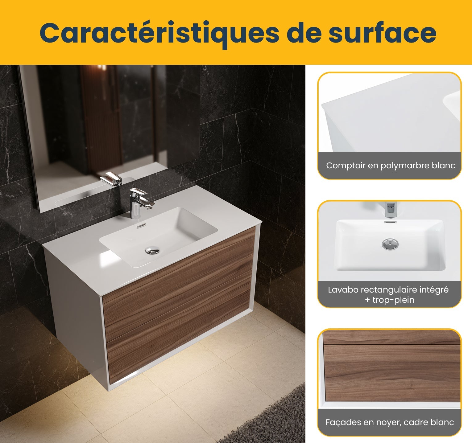 36" Walnut Wall Mount Vanity with White Polymarble Countertop-Migration_Bathroom Vanities-DECOROLALA