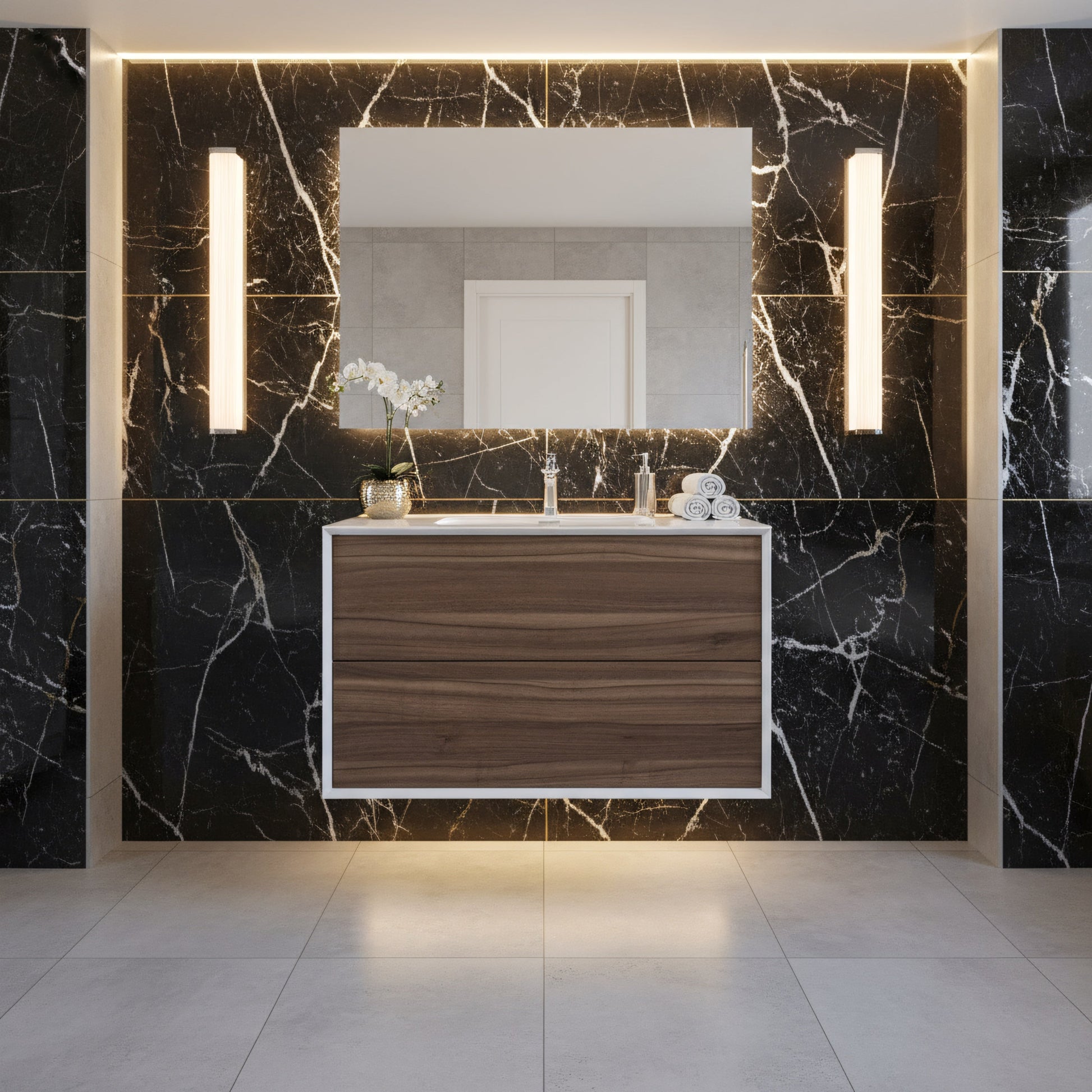 36" Walnut Wall Mount Vanity with White Polymarble Countertop-Migration_Bathroom Vanities-DECOROLALA