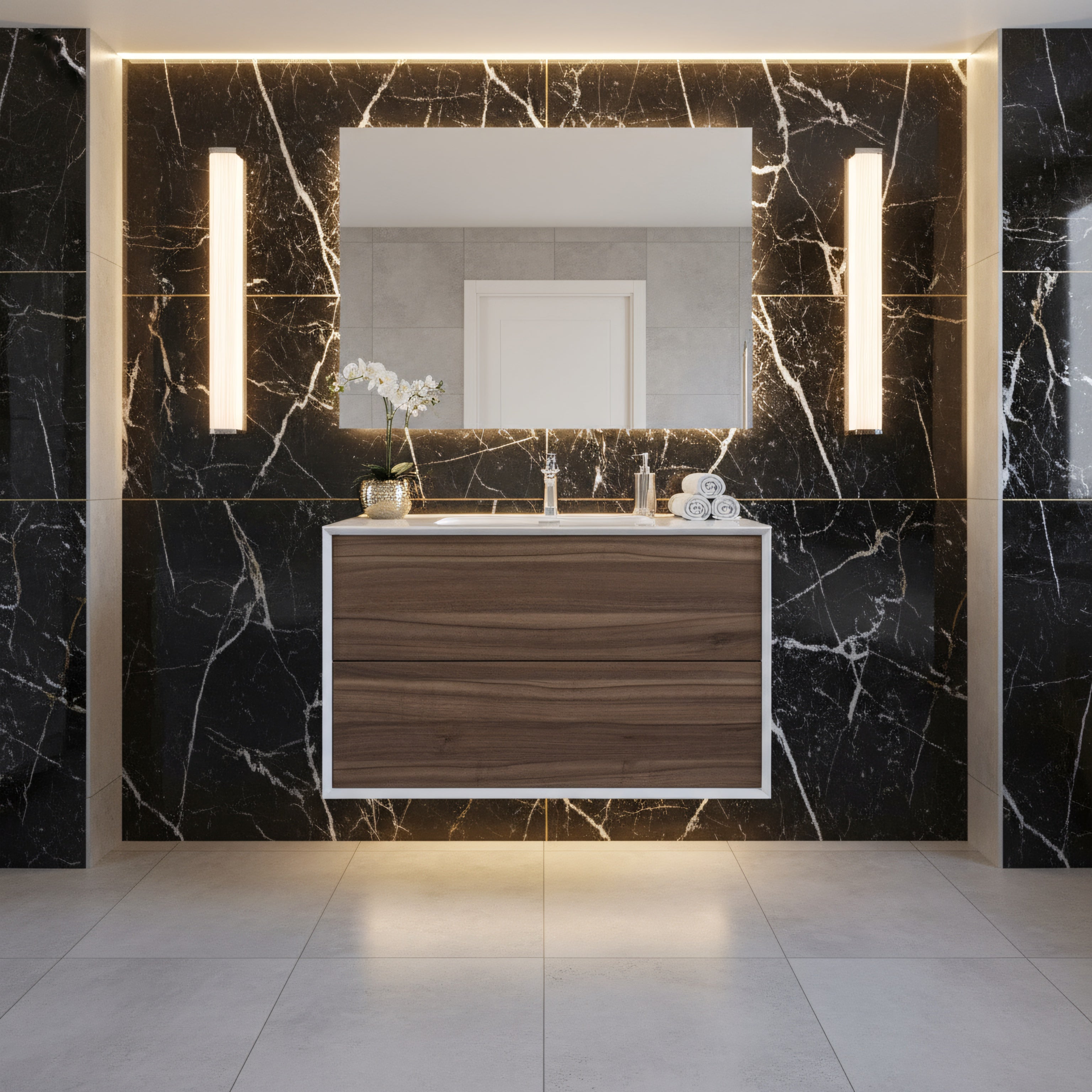 36" Walnut Wall Mount Vanity with White Polymarble Countertop-Migration_Bathroom Vanities-DECOROLALA