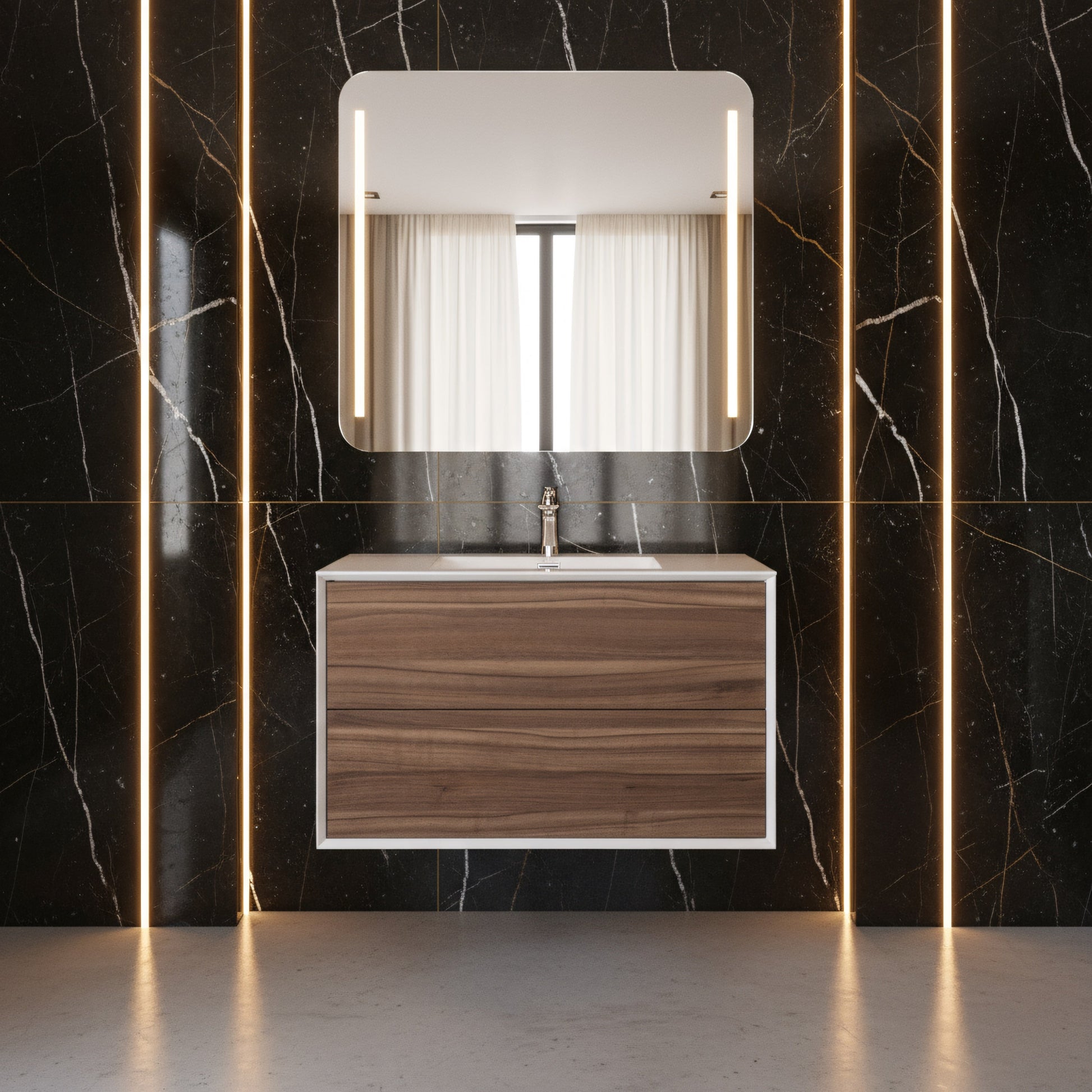 36" Walnut Wall Mount Vanity with White Polymarble Countertop-Migration_Bathroom Vanities-DECOROLALA