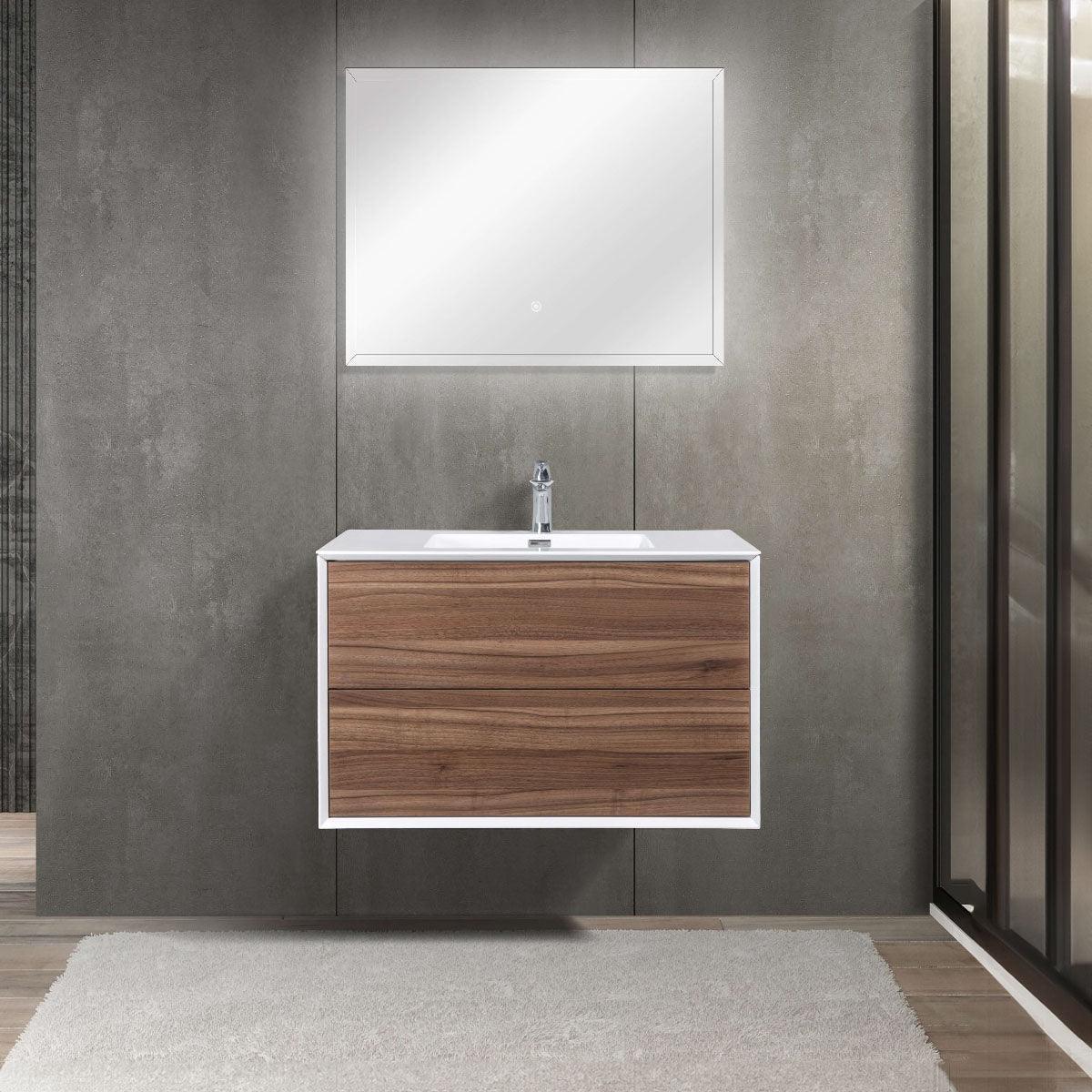 36" Walnut Wall Mount Vanity with White Polymarble Countertop-Migration_Bathroom Vanities-DECOROLALA