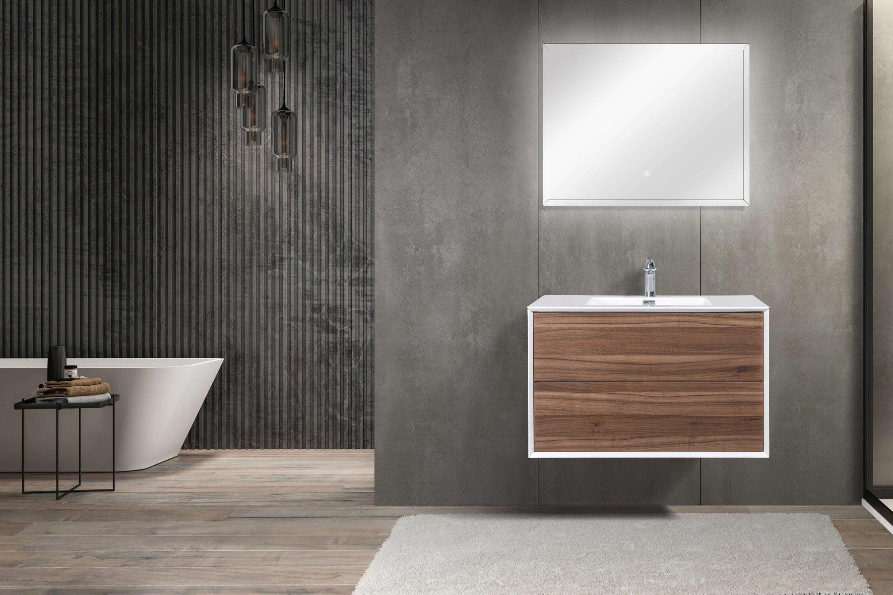 36" Walnut Wall Mount Vanity with White Polymarble Countertop-Migration_Bathroom Vanities-DECOROLALA