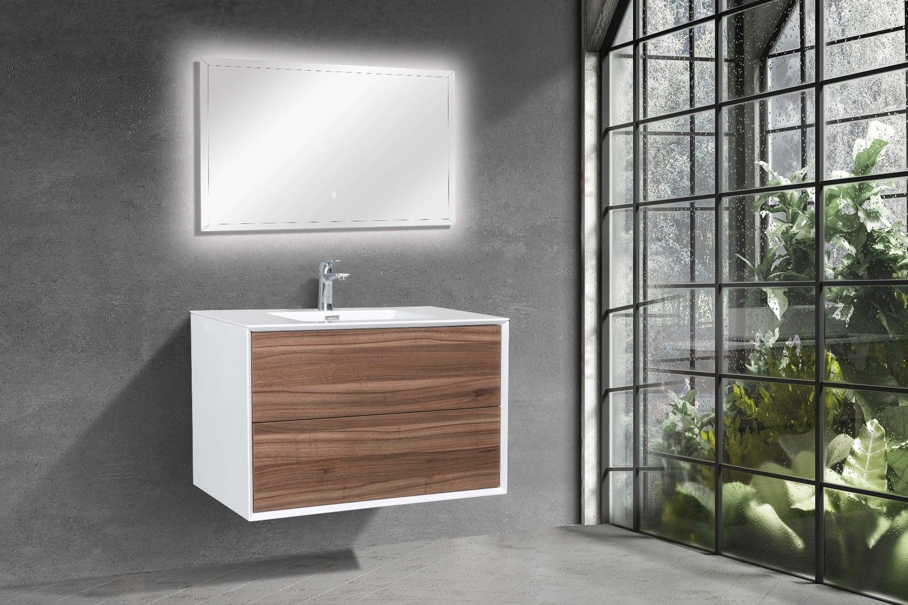 36" Walnut Wall Mount Vanity with White Polymarble Countertop-Migration_Bathroom Vanities-DECOROLALA