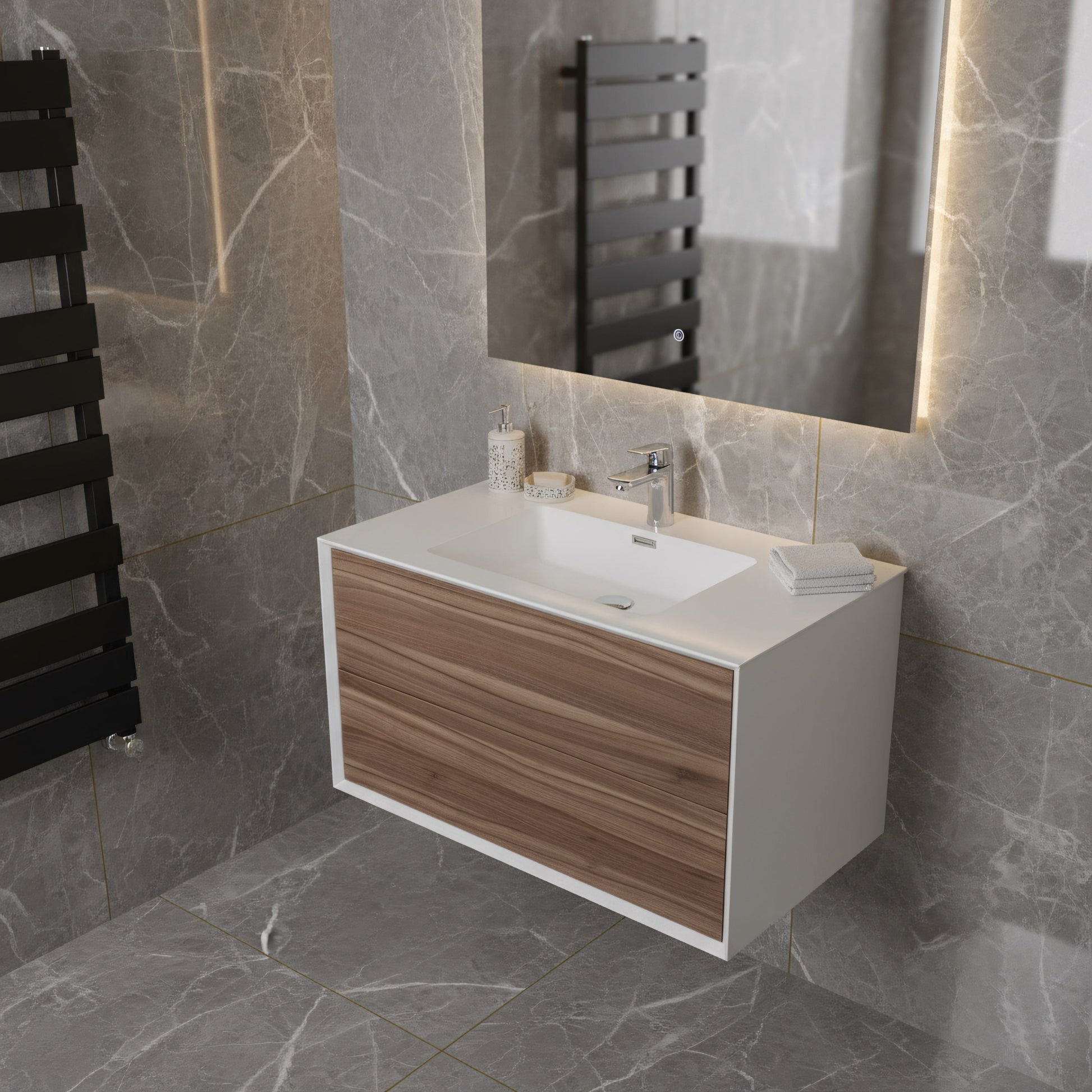 36" Walnut Wall Mount Vanity with White Polymarble Countertop-Migration_Bathroom Vanities-DECOROLALA