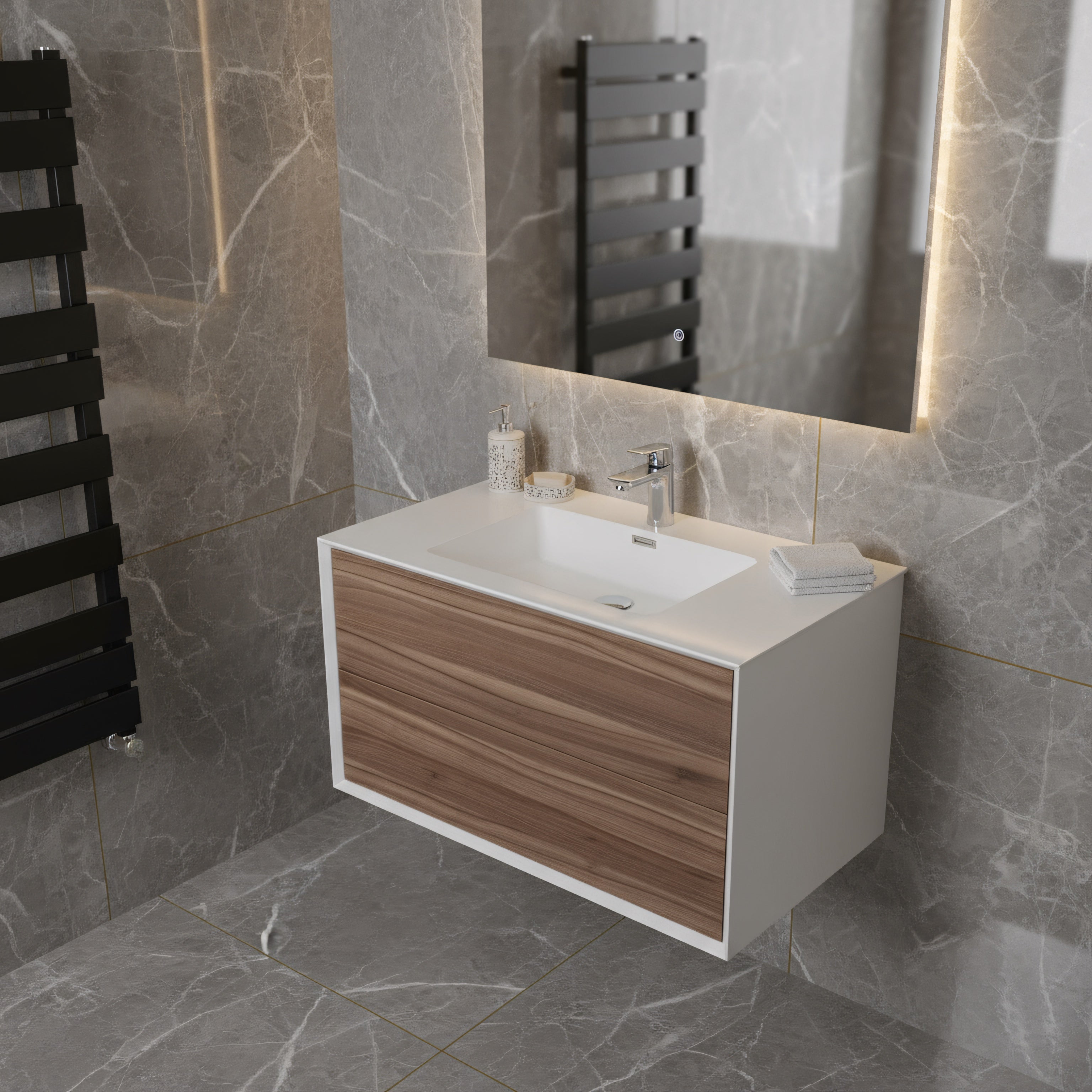 36" Walnut Wall Mount Vanity with White Polymarble Countertop-Migration_Bathroom Vanities-DECOROLALA