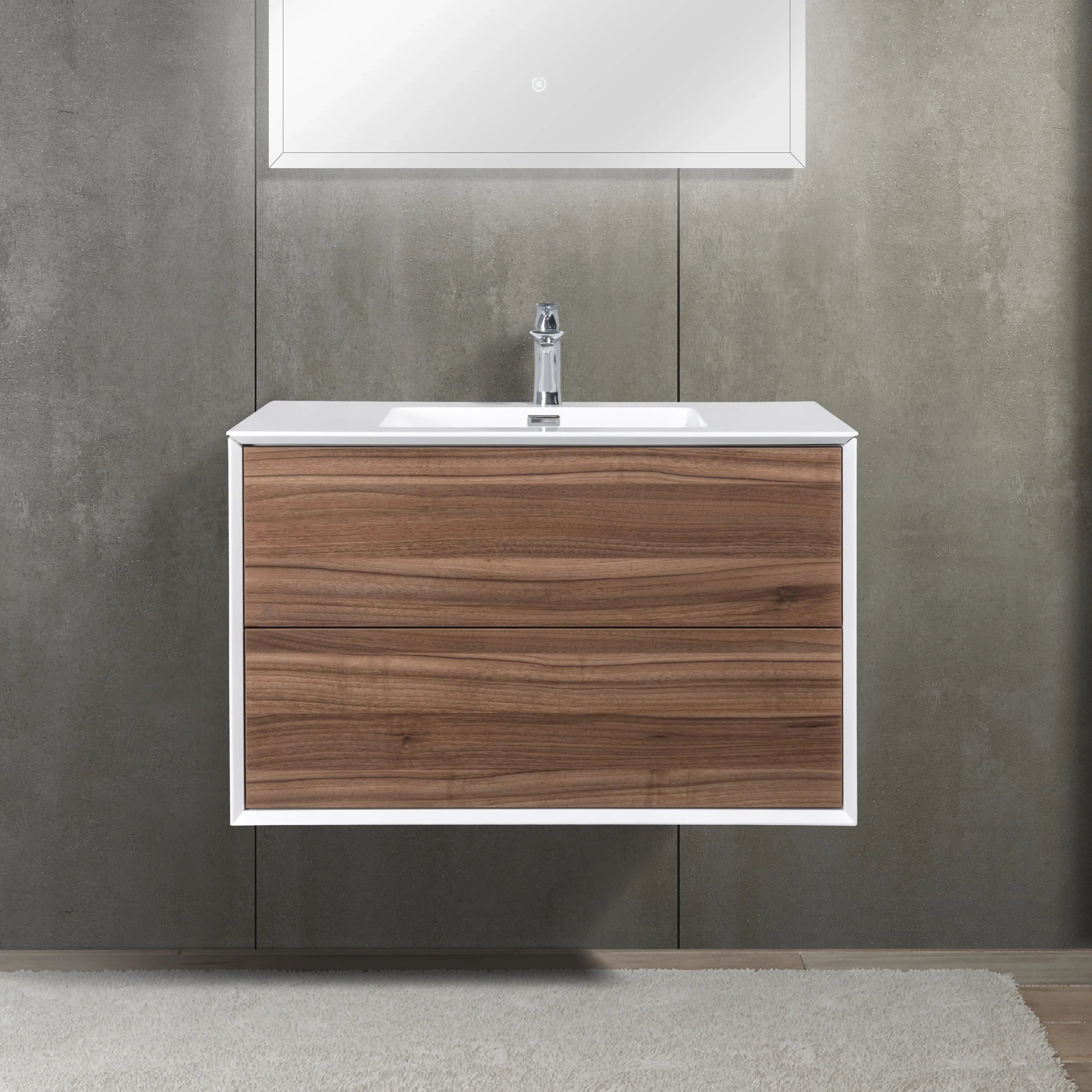 36" Walnut Wall Mount Vanity with White Polymarble Countertop-Migration_Bathroom Vanities-DECOROLALA