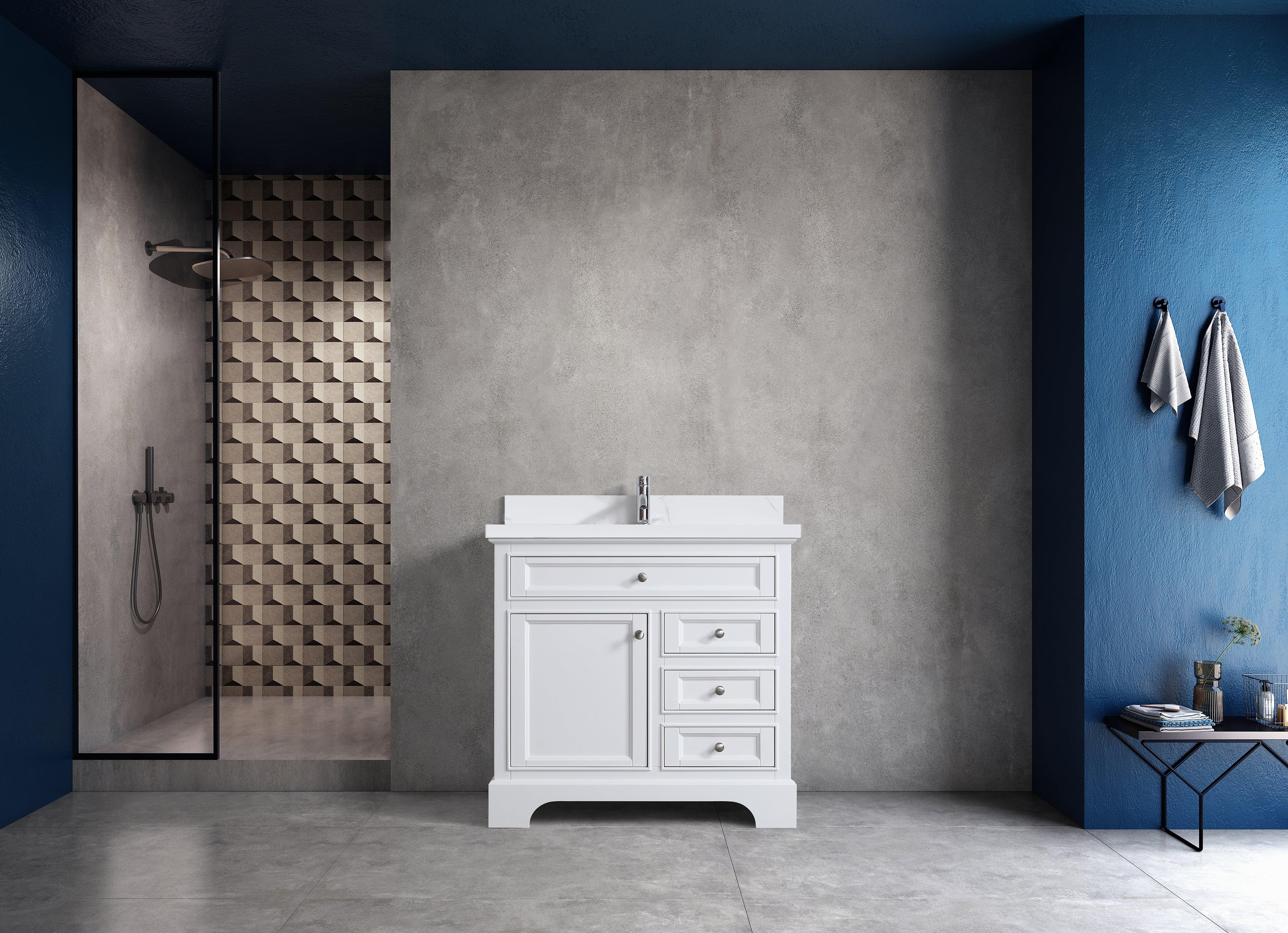 36" White Freestanding Bathroom Vanity with Engineered Calcutta Marble Countertop-Migration_Bathroom Vanities-DECOROLALA