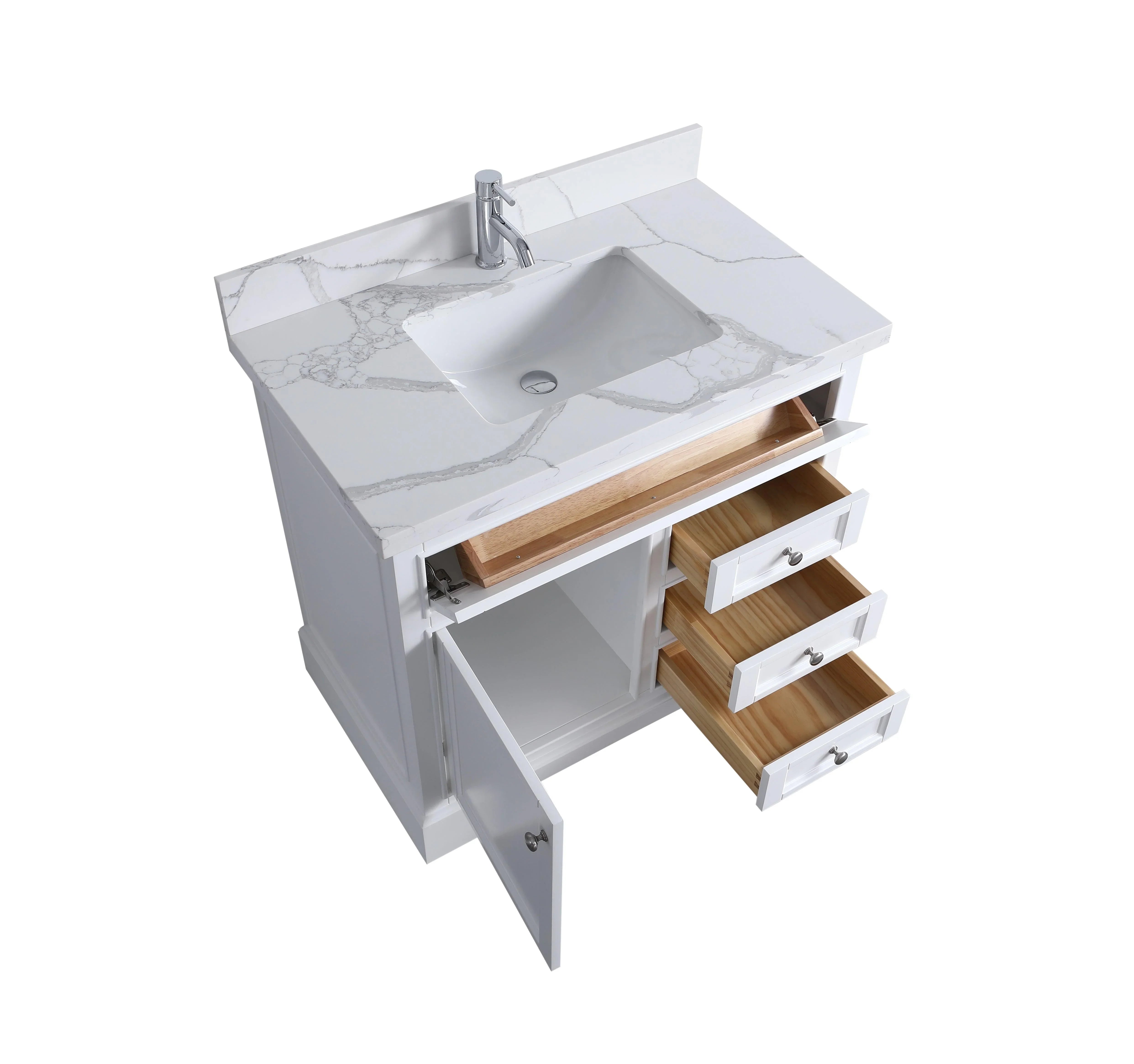 36" White Freestanding Single Sink Bathroom Vanity with Calcutta Quartz Countertop-Migration_Bathroom Vanities-DECOROLALA