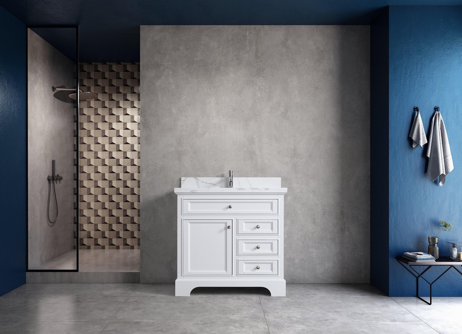 36" White Freestanding Single Sink Bathroom Vanity with Calcutta Quartz Countertop-Migration_Bathroom Vanities-DECOROLALA