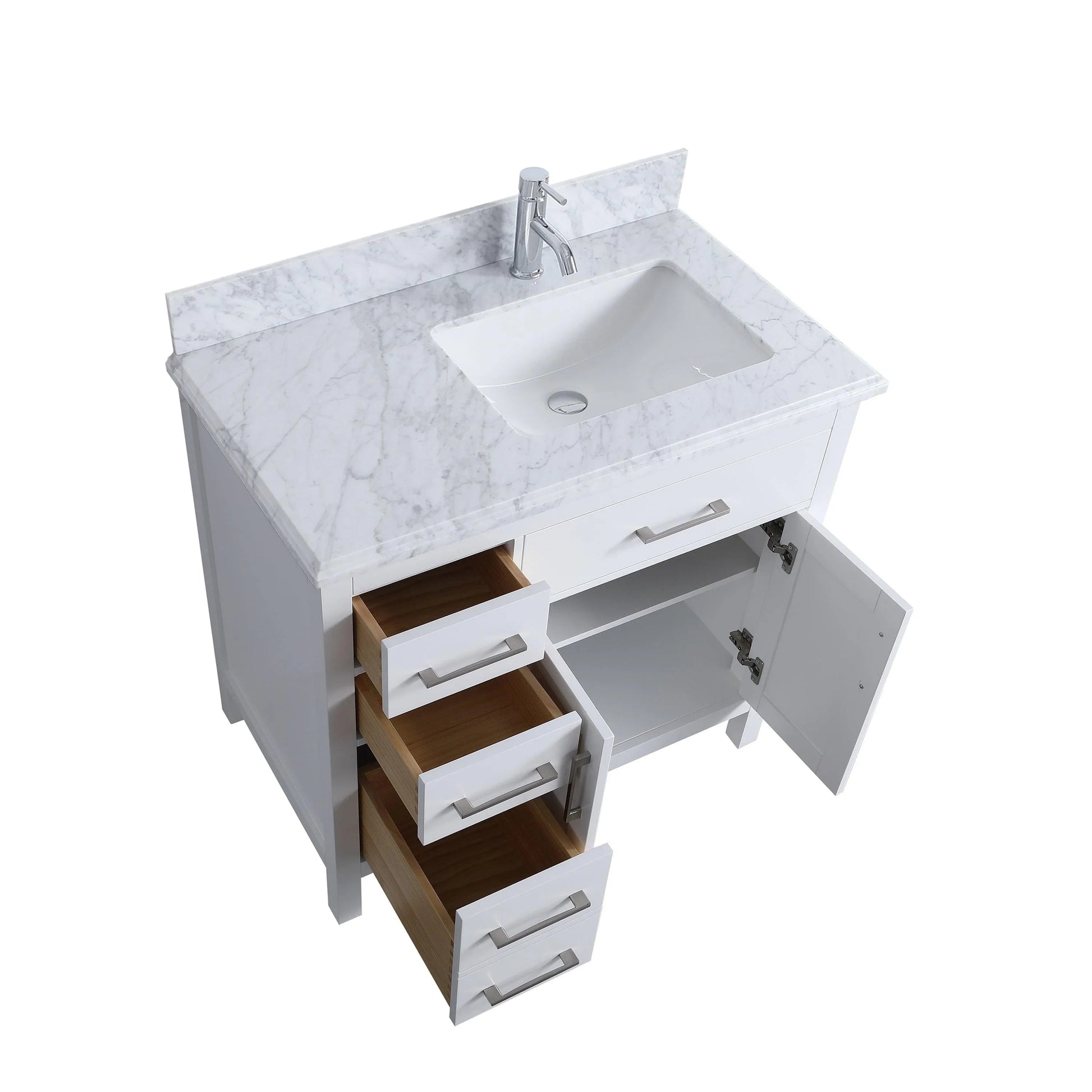 36" White Freestanding Single Sink Bathroom Vanity with Carrera Marble Countertop-Migration_Bathroom Vanities-DECOROLALA