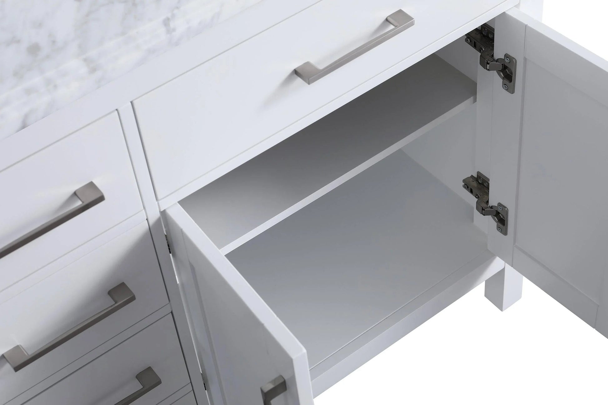 36" White Freestanding Single Sink Bathroom Vanity with Carrera Marble Countertop-Migration_Bathroom Vanities-DECOROLALA