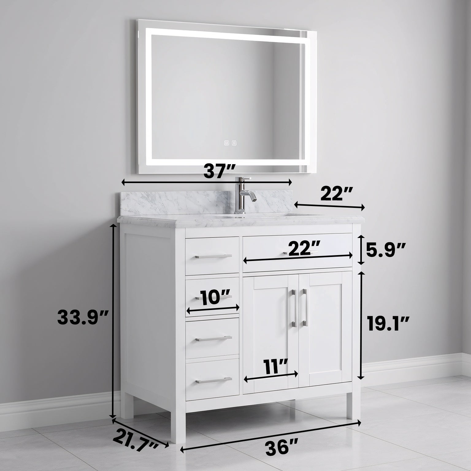 36" White Freestanding Single Sink Bathroom Vanity with Carrera Marble Countertop-Migration_Bathroom Vanities-DECOROLALA