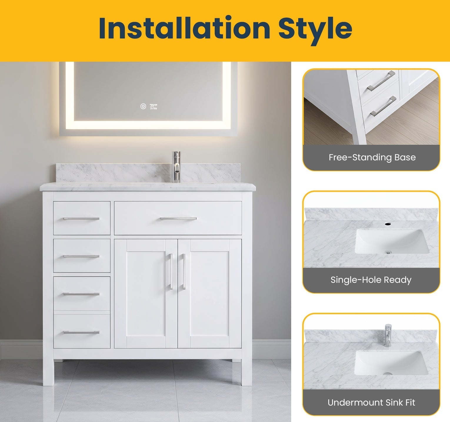 36" White Freestanding Single Sink Bathroom Vanity with Carrera Marble Countertop-Migration_Bathroom Vanities-DECOROLALA