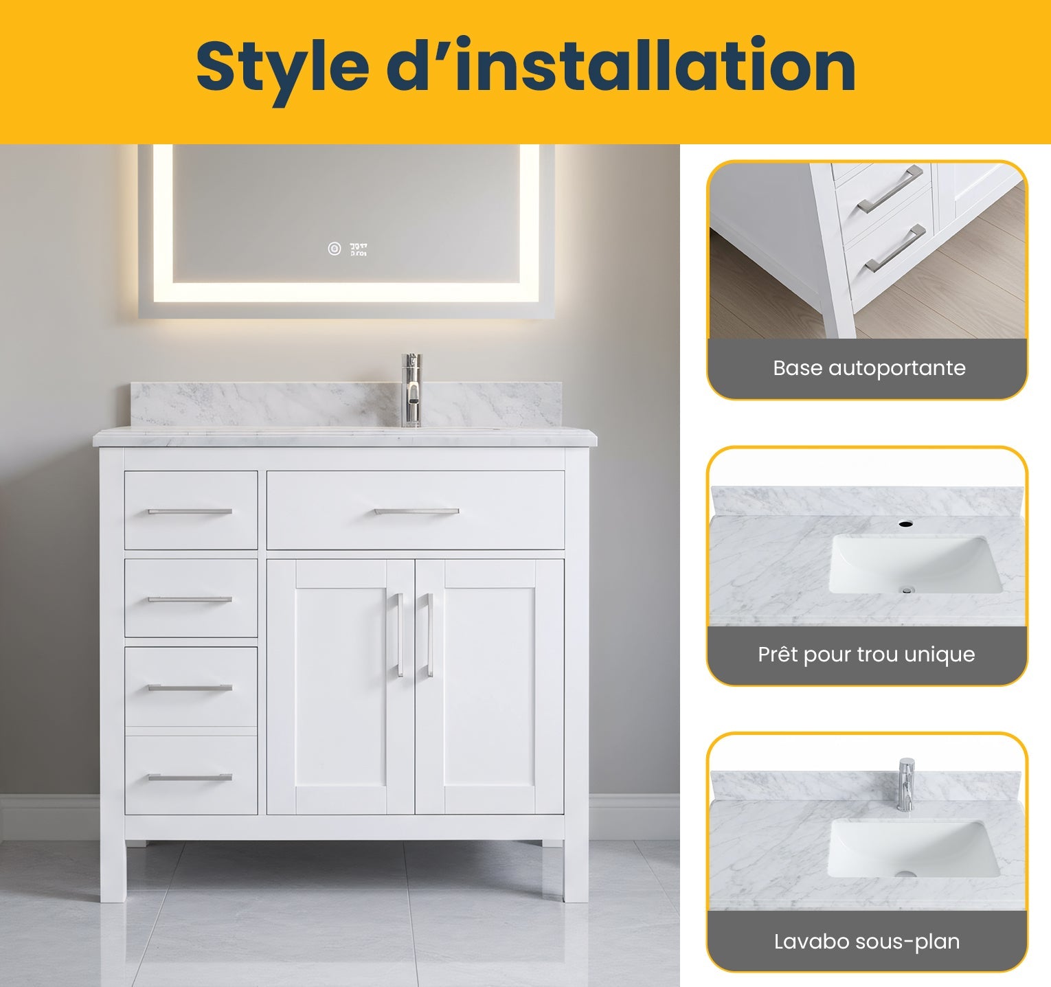 36" White Freestanding Single Sink Bathroom Vanity with Carrera Marble Countertop-Migration_Bathroom Vanities-DECOROLALA