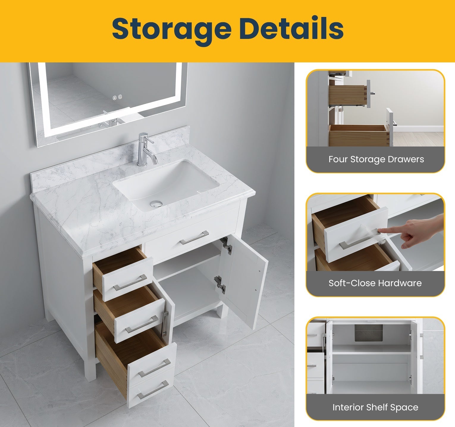 36" White Freestanding Single Sink Bathroom Vanity with Carrera Marble Countertop-Migration_Bathroom Vanities-DECOROLALA