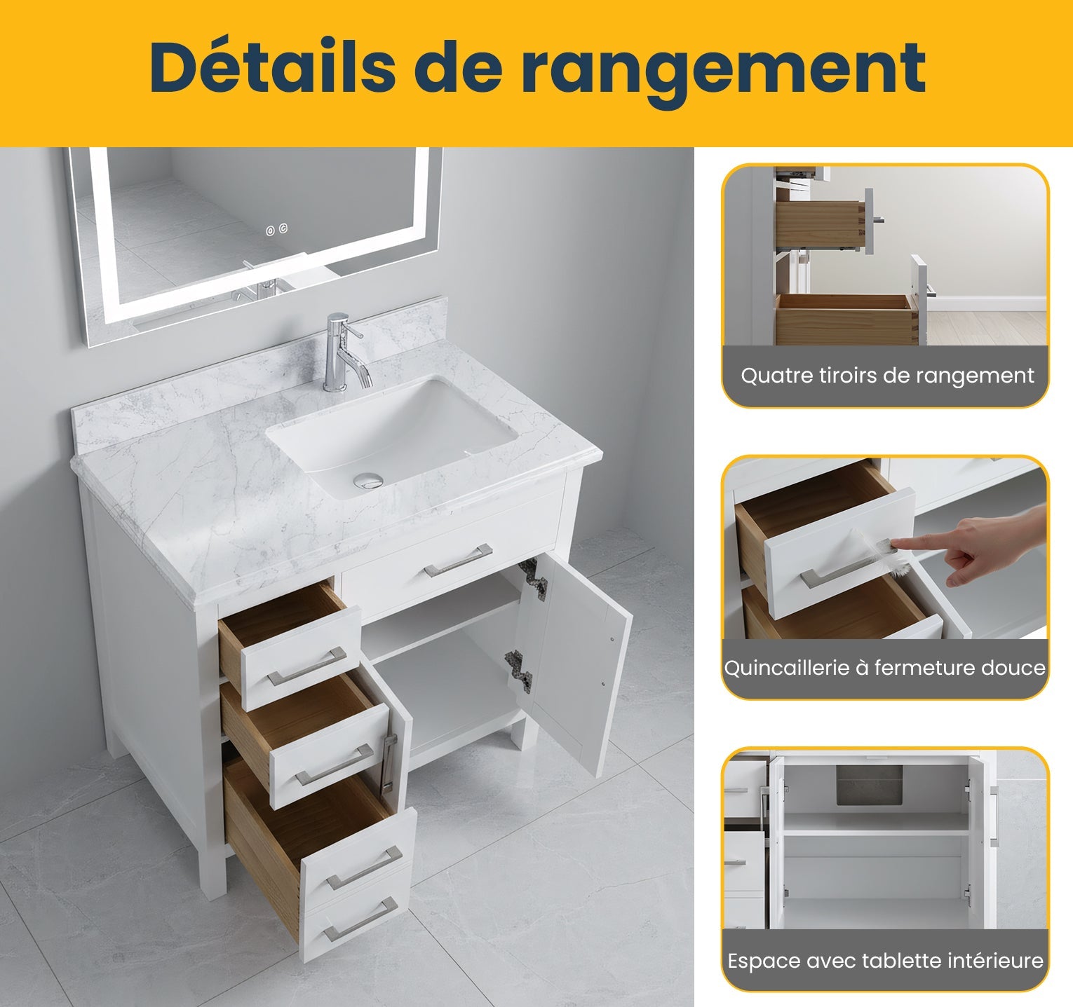 36" White Freestanding Single Sink Bathroom Vanity with Carrera Marble Countertop-Migration_Bathroom Vanities-DECOROLALA