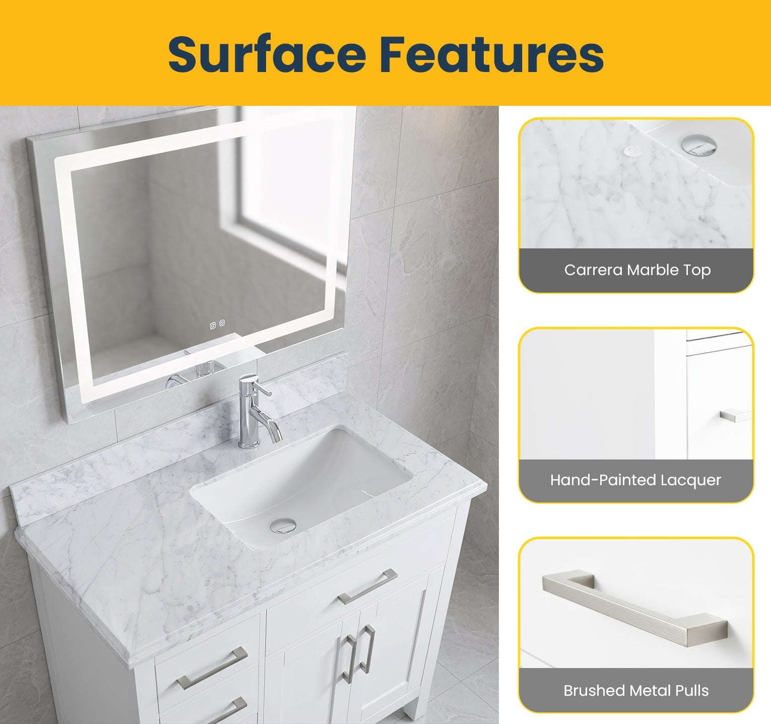 36" White Freestanding Single Sink Bathroom Vanity with Carrera Marble Countertop-Migration_Bathroom Vanities-DECOROLALA