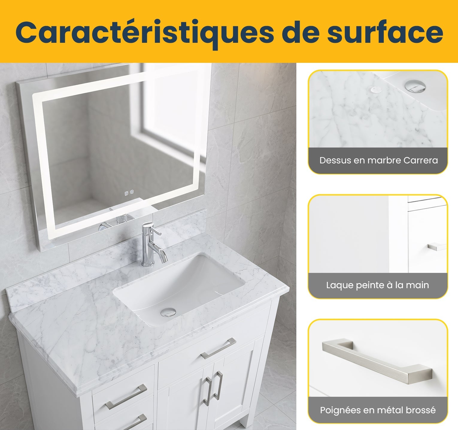 36" White Freestanding Single Sink Bathroom Vanity with Carrera Marble Countertop-Migration_Bathroom Vanities-DECOROLALA