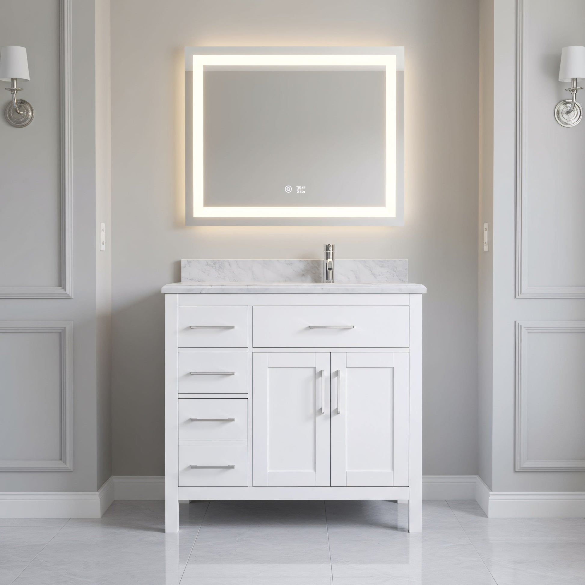 36" White Freestanding Single Sink Bathroom Vanity with Carrera Marble Countertop-Migration_Bathroom Vanities-DECOROLALA