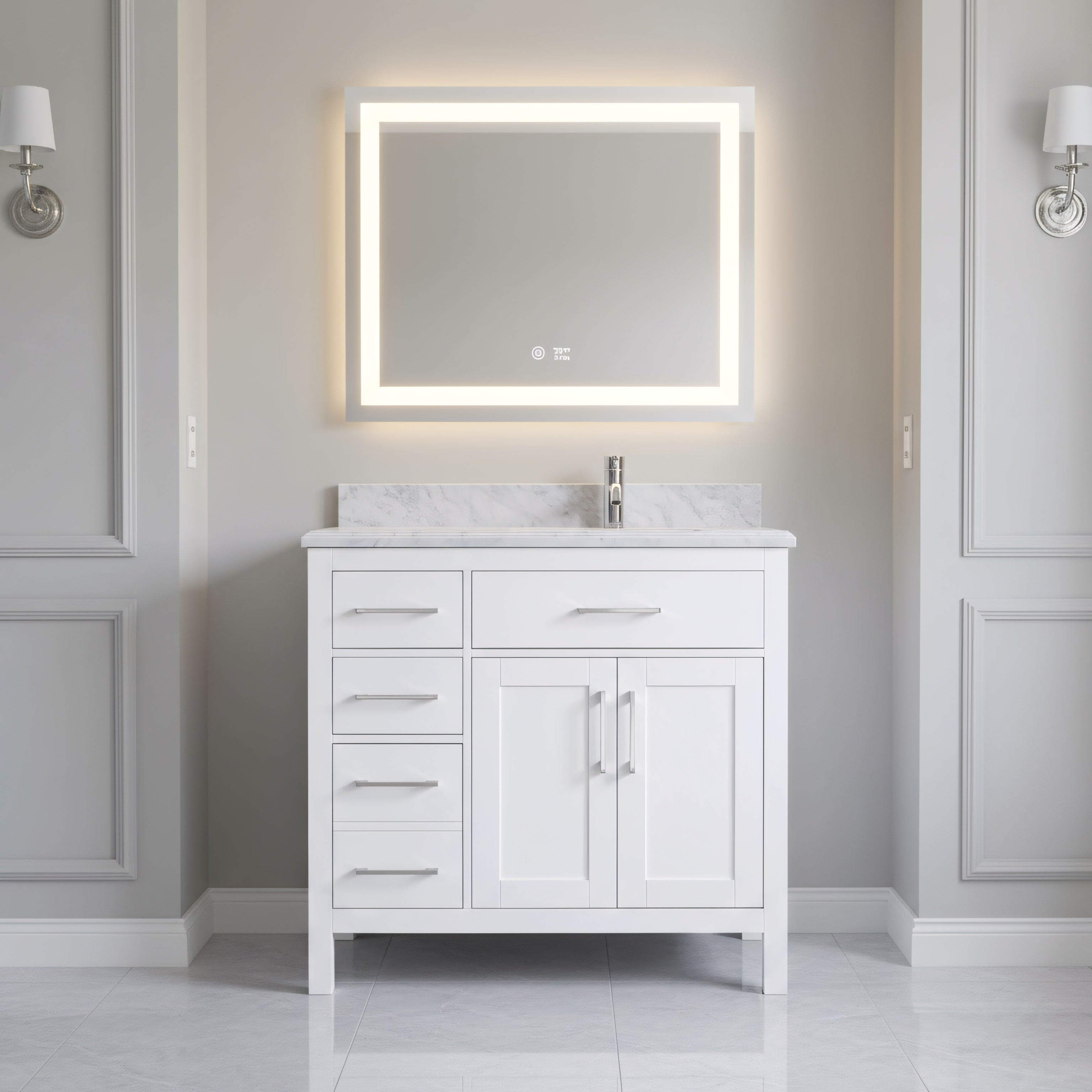 36" White Freestanding Single Sink Bathroom Vanity with Carrera Marble Countertop-Migration_Bathroom Vanities-DECOROLALA