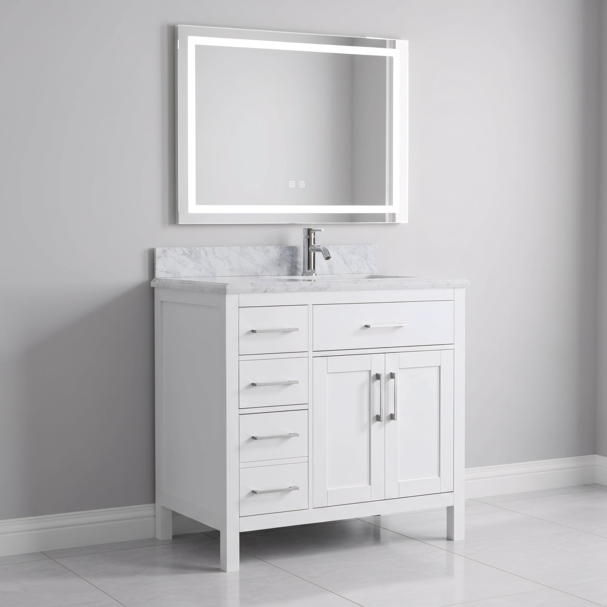 36" White Freestanding Single Sink Bathroom Vanity with Carrera Marble Countertop-Migration_Bathroom Vanities-DECOROLALA