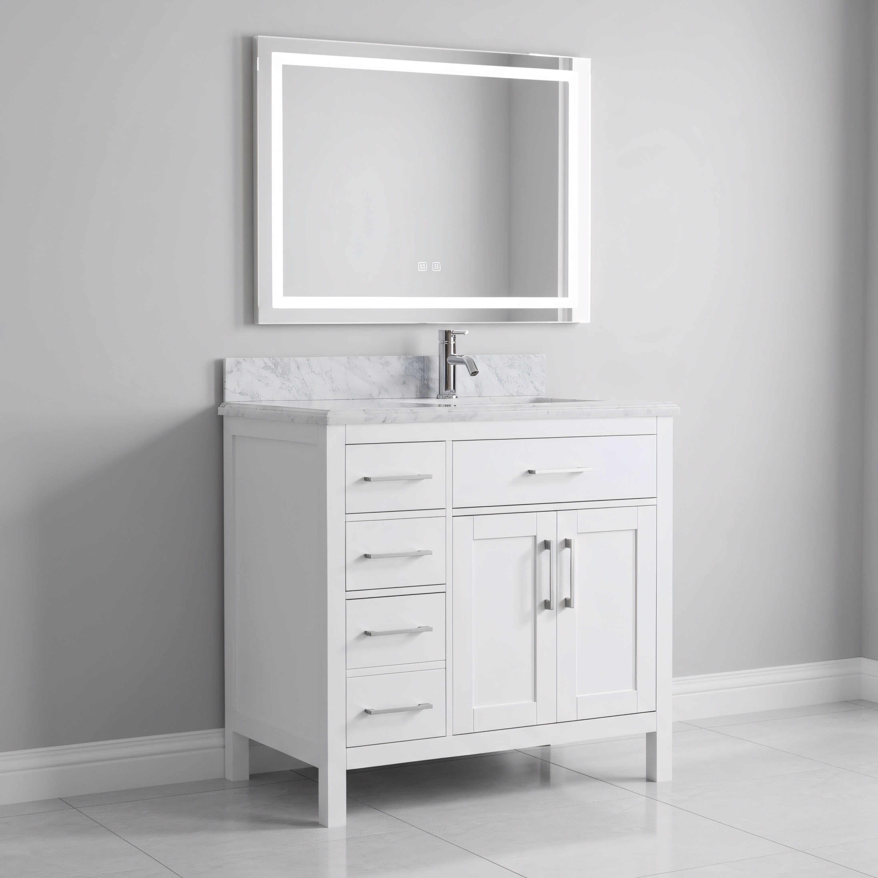 36" White Freestanding Single Sink Bathroom Vanity with Carrera Marble Countertop-Migration_Bathroom Vanities-DECOROLALA