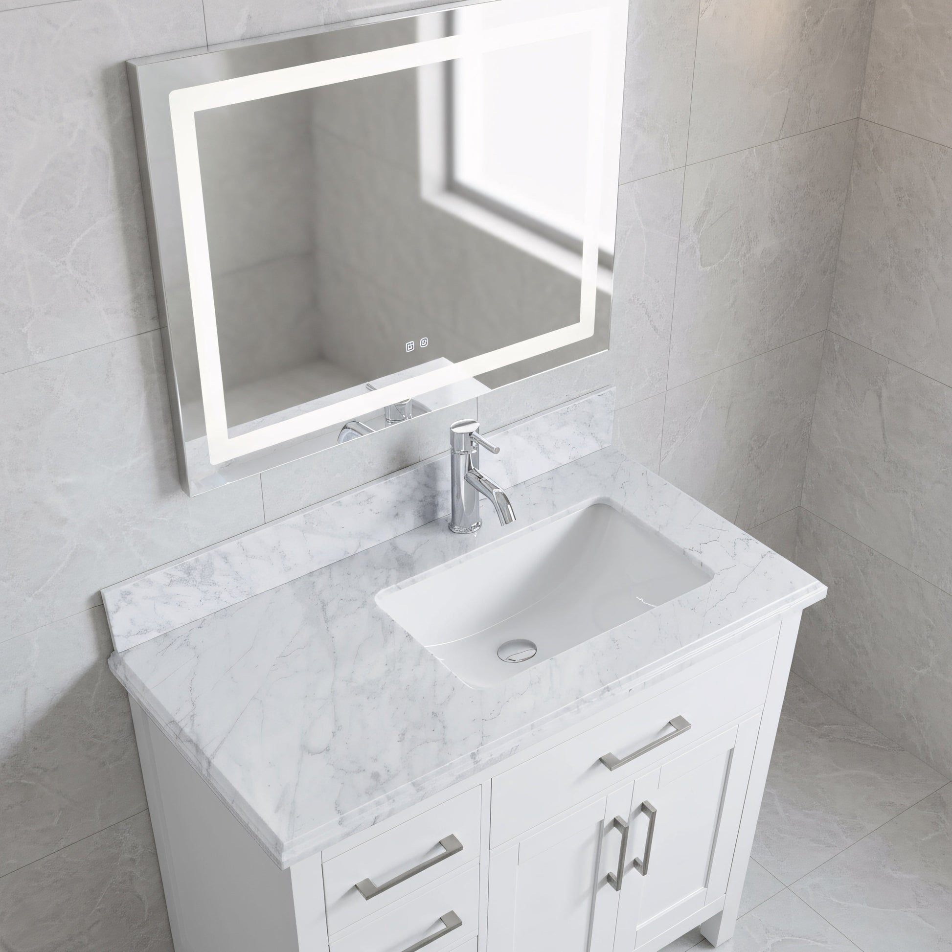 36" White Freestanding Single Sink Bathroom Vanity with Carrera Marble Countertop-Migration_Bathroom Vanities-DECOROLALA