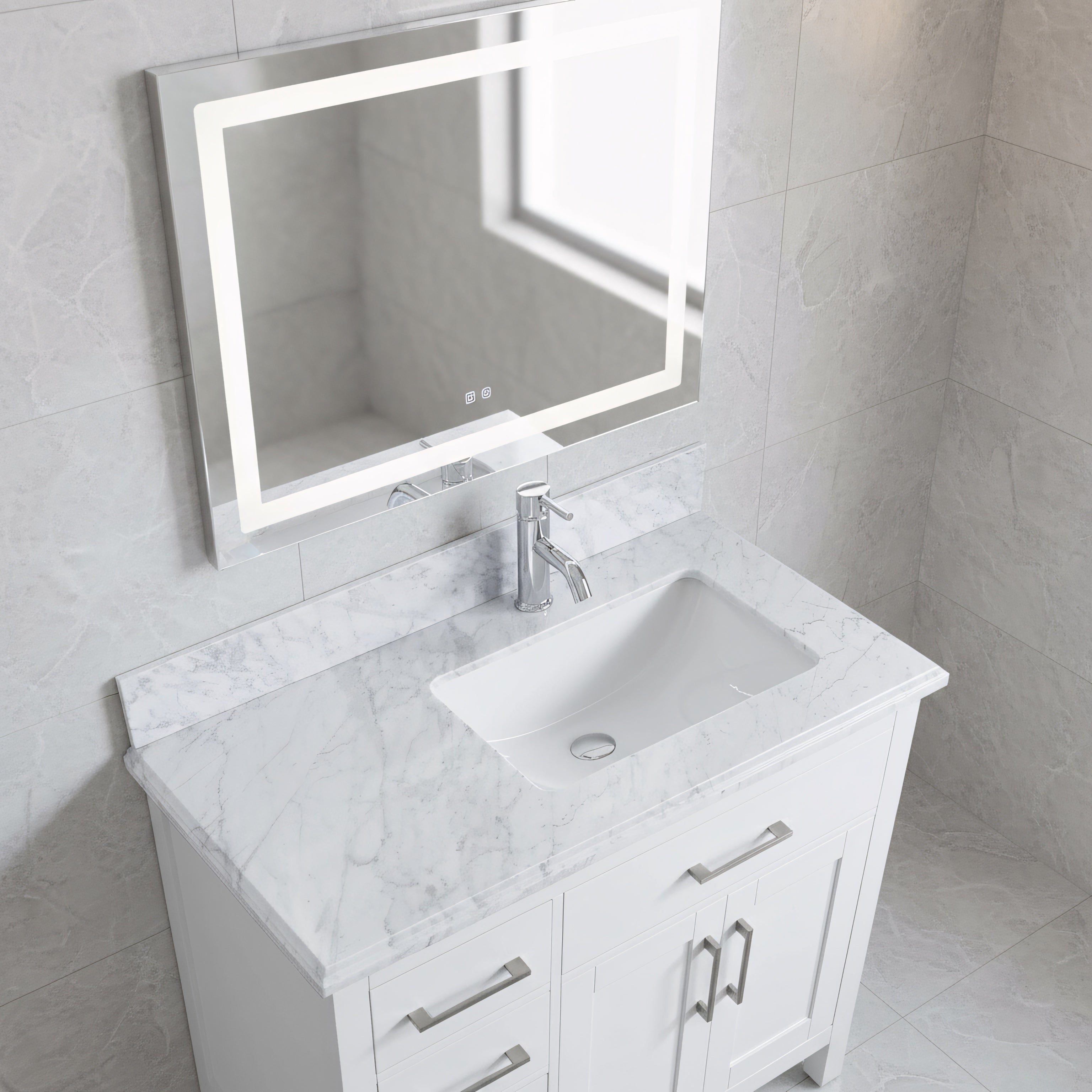 36" White Freestanding Single Sink Bathroom Vanity with Carrera Marble Countertop-Migration_Bathroom Vanities-DECOROLALA