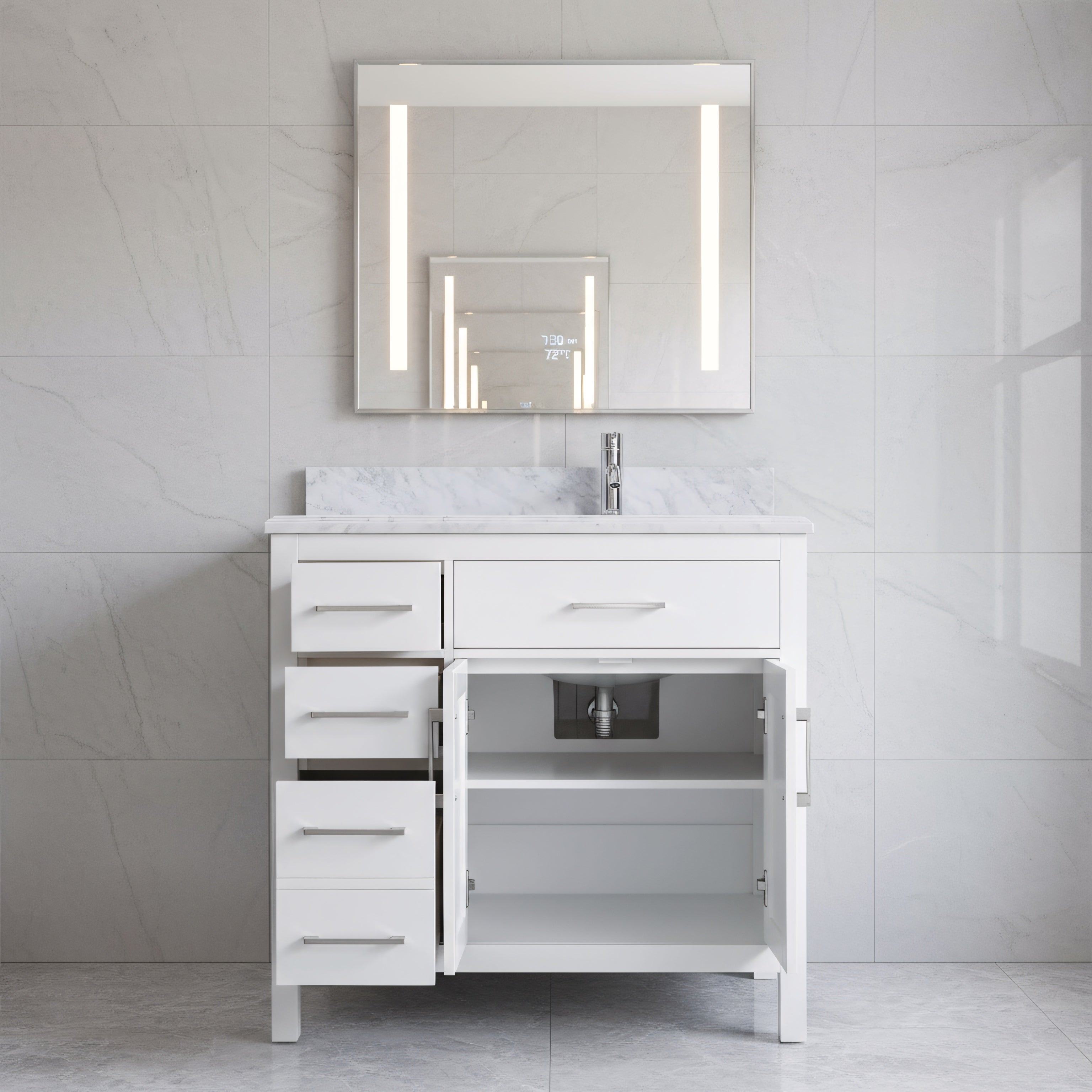 36" White Freestanding Single Sink Bathroom Vanity with Carrera Marble Countertop-Migration_Bathroom Vanities-DECOROLALA