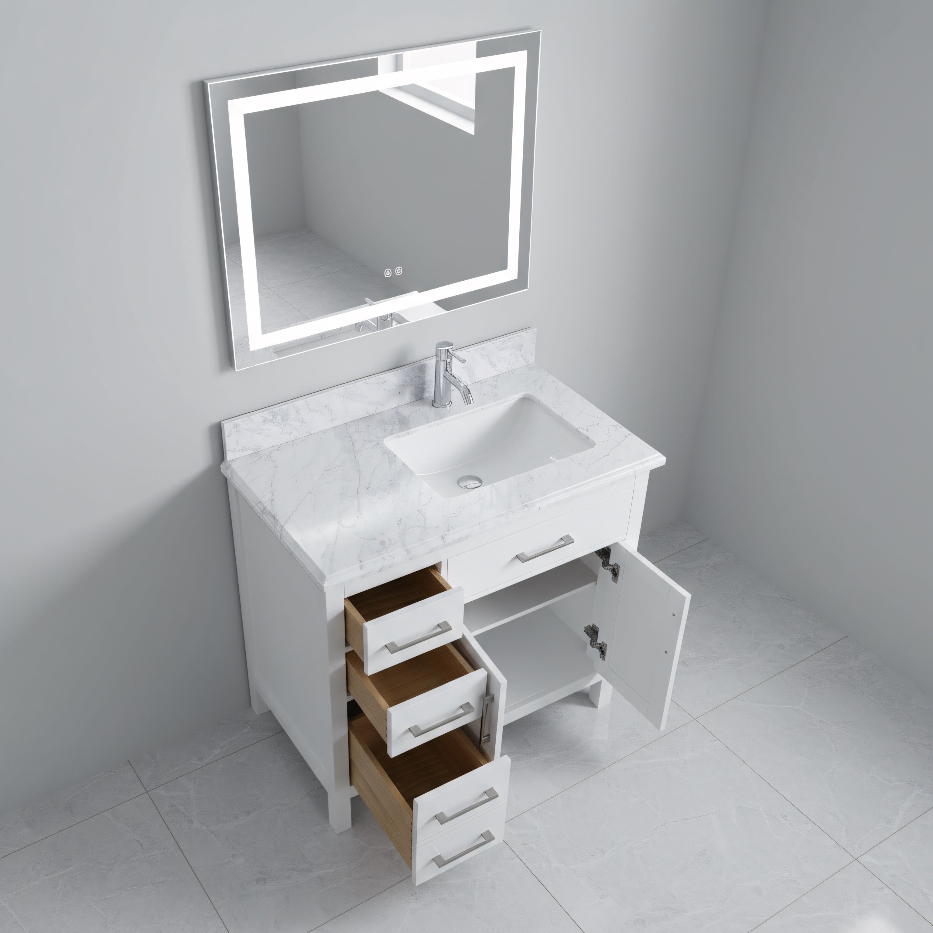 36" White Freestanding Single Sink Bathroom Vanity with Carrera Marble Countertop-Migration_Bathroom Vanities-DECOROLALA