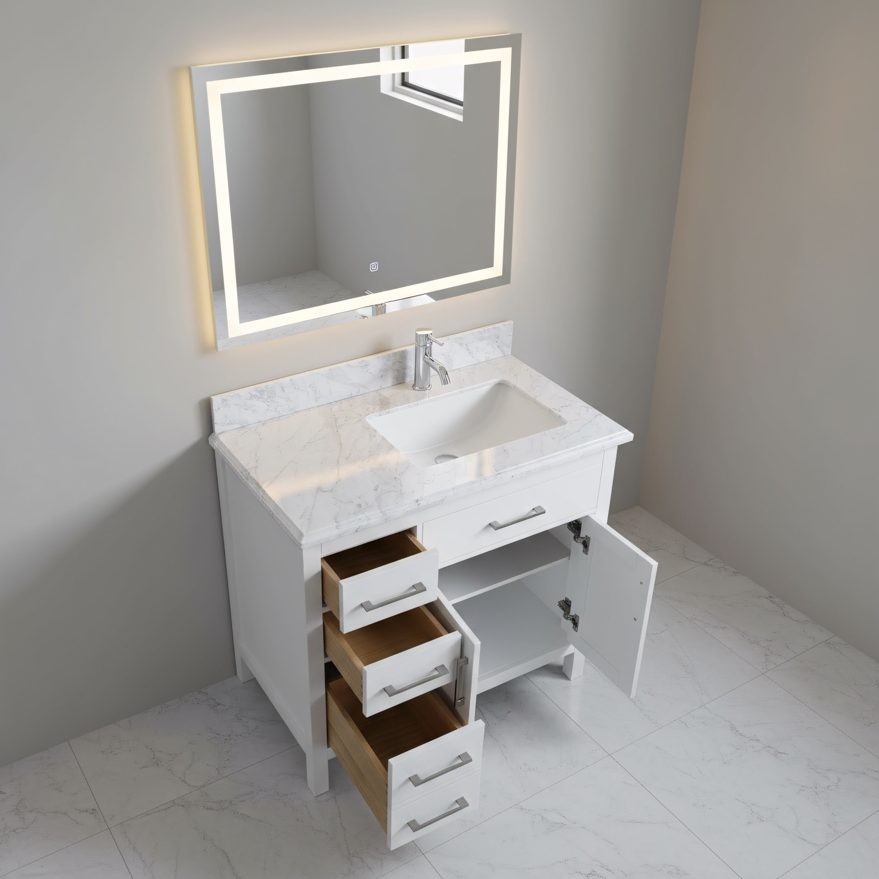 36" White Freestanding Single Sink Bathroom Vanity with Carrera Marble Countertop-Migration_Bathroom Vanities-DECOROLALA