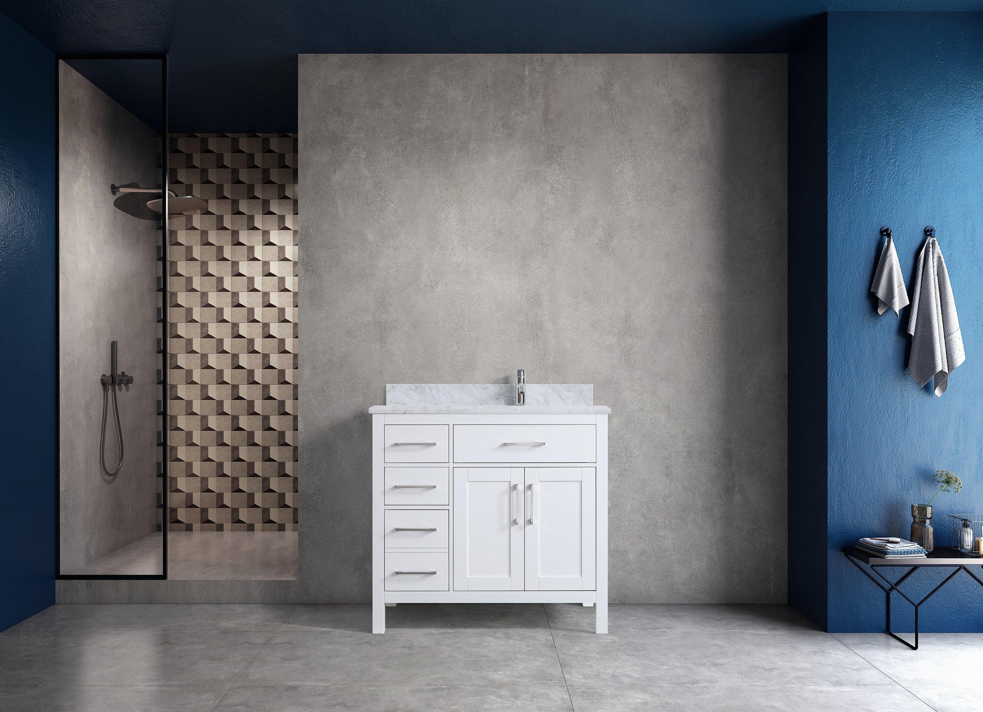 36" White Freestanding Single Sink Bathroom Vanity with Carrera Marble Countertop-Migration_Bathroom Vanities-DECOROLALA