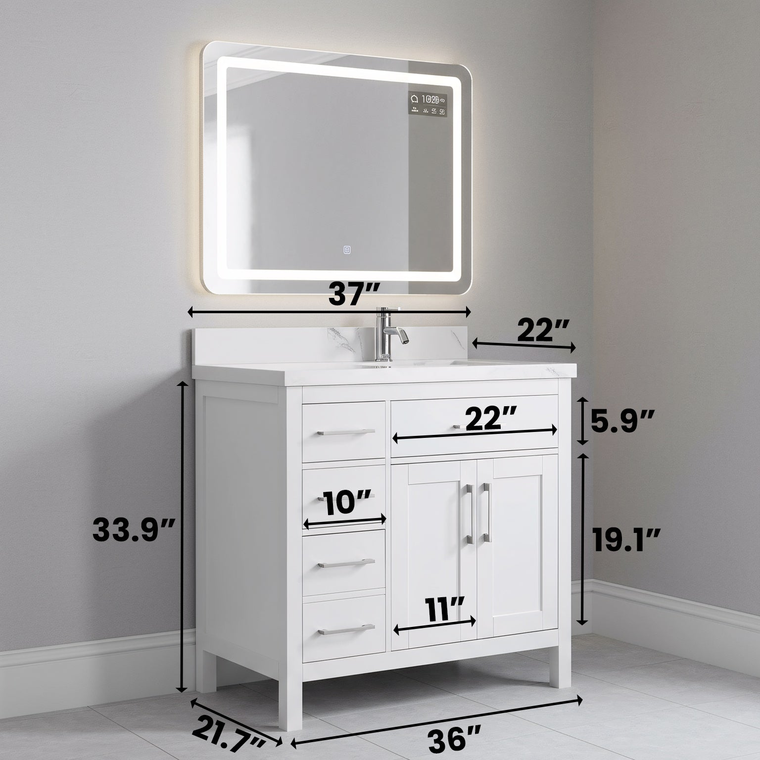 36" White Freestanding Single Sink Bathroom Vanity with Engineered Calcutta Marble Countertop-Migration_Bathroom Vanities-DECOROLALA