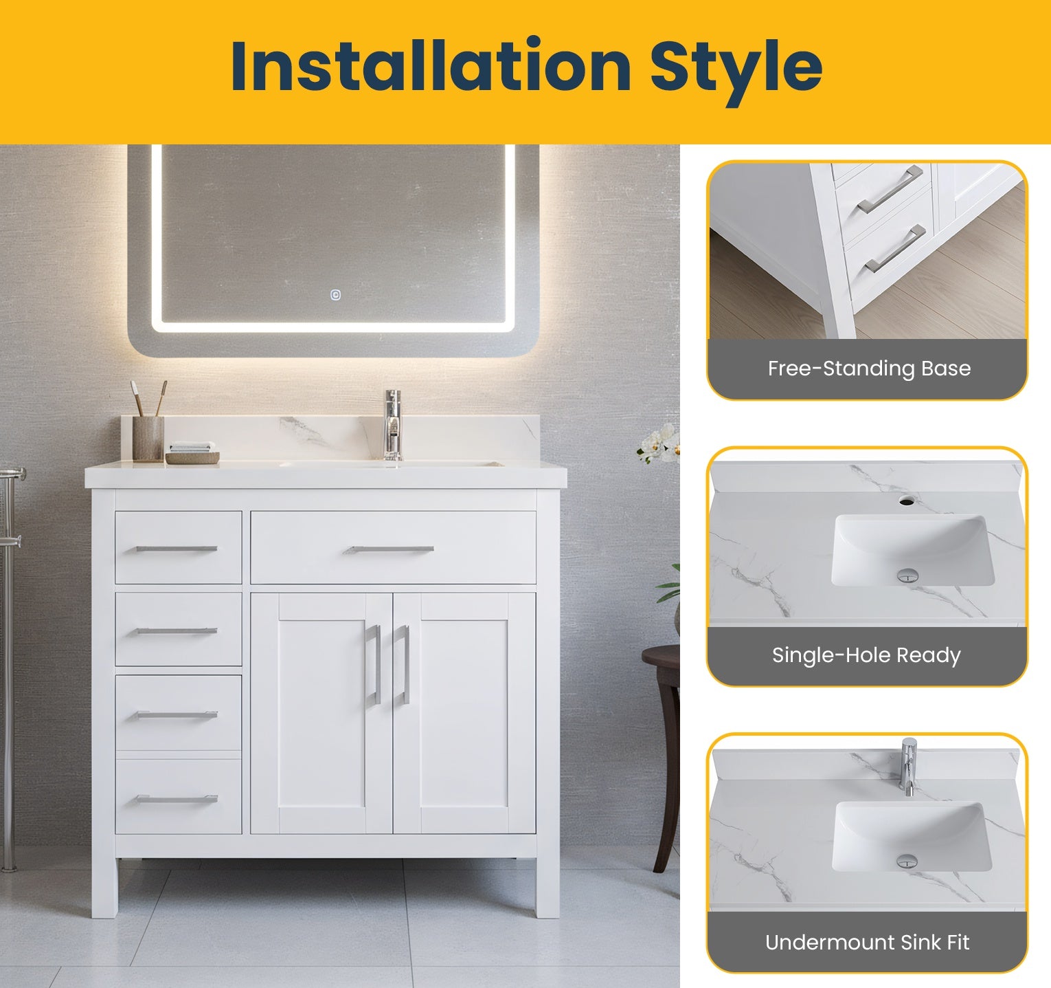 36" White Freestanding Single Sink Bathroom Vanity with Engineered Calcutta Marble Countertop-Migration_Bathroom Vanities-DECOROLALA