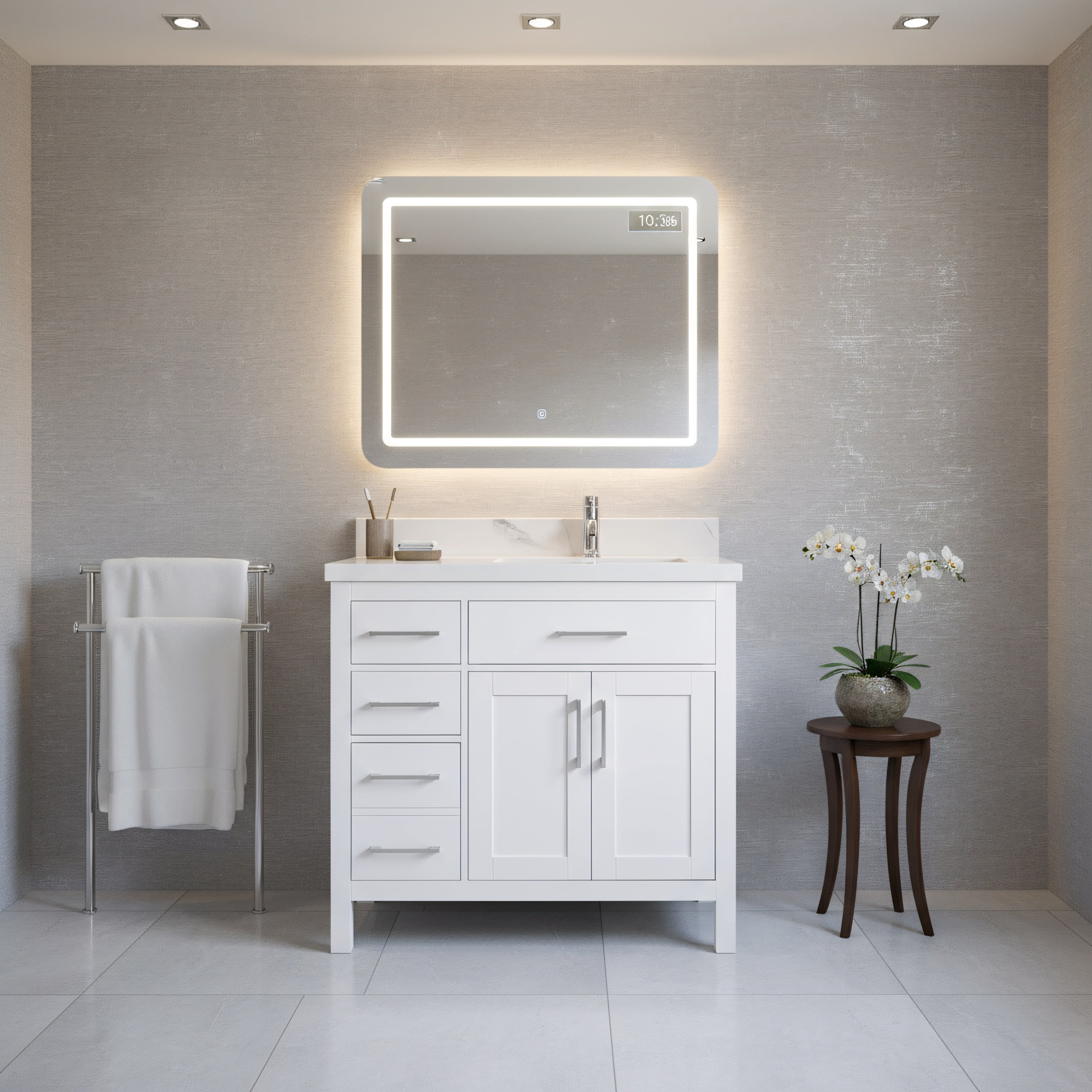 36" White Freestanding Single Sink Bathroom Vanity with Engineered Calcutta Marble Countertop-Migration_Bathroom Vanities-DECOROLALA