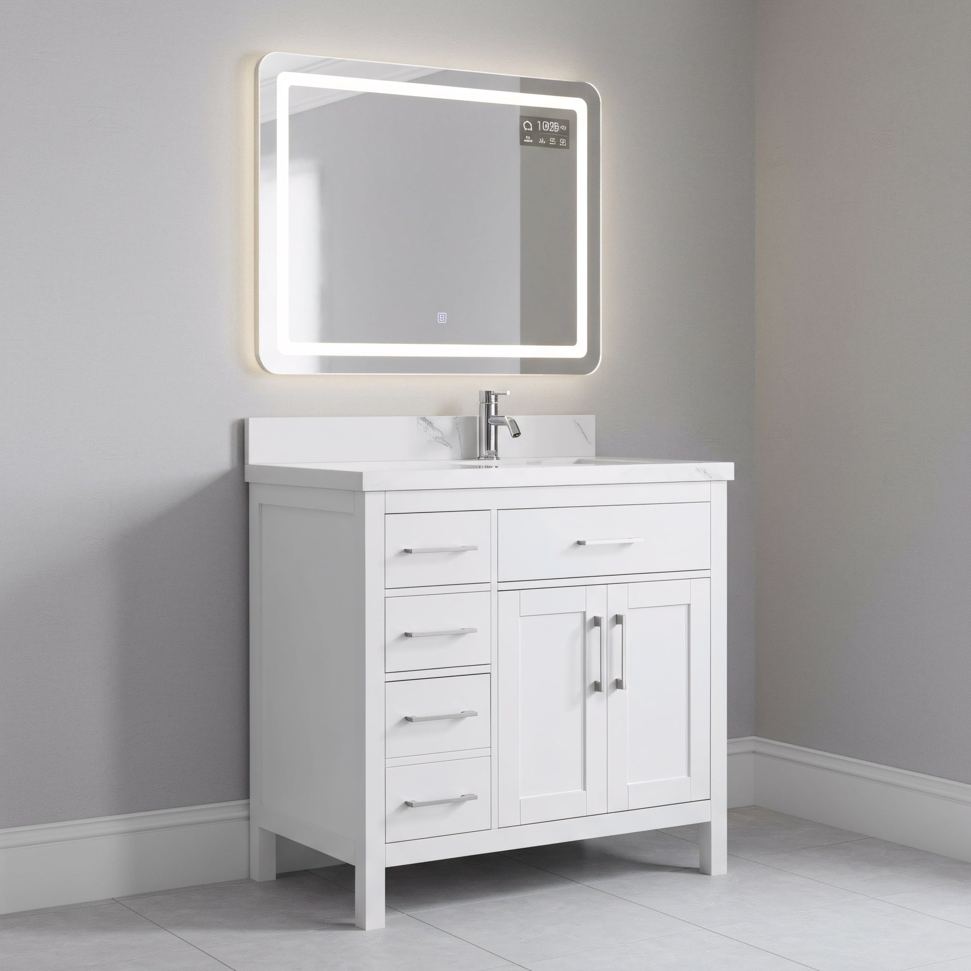 36" White Freestanding Single Sink Bathroom Vanity with Engineered Calcutta Marble Countertop-Migration_Bathroom Vanities-DECOROLALA