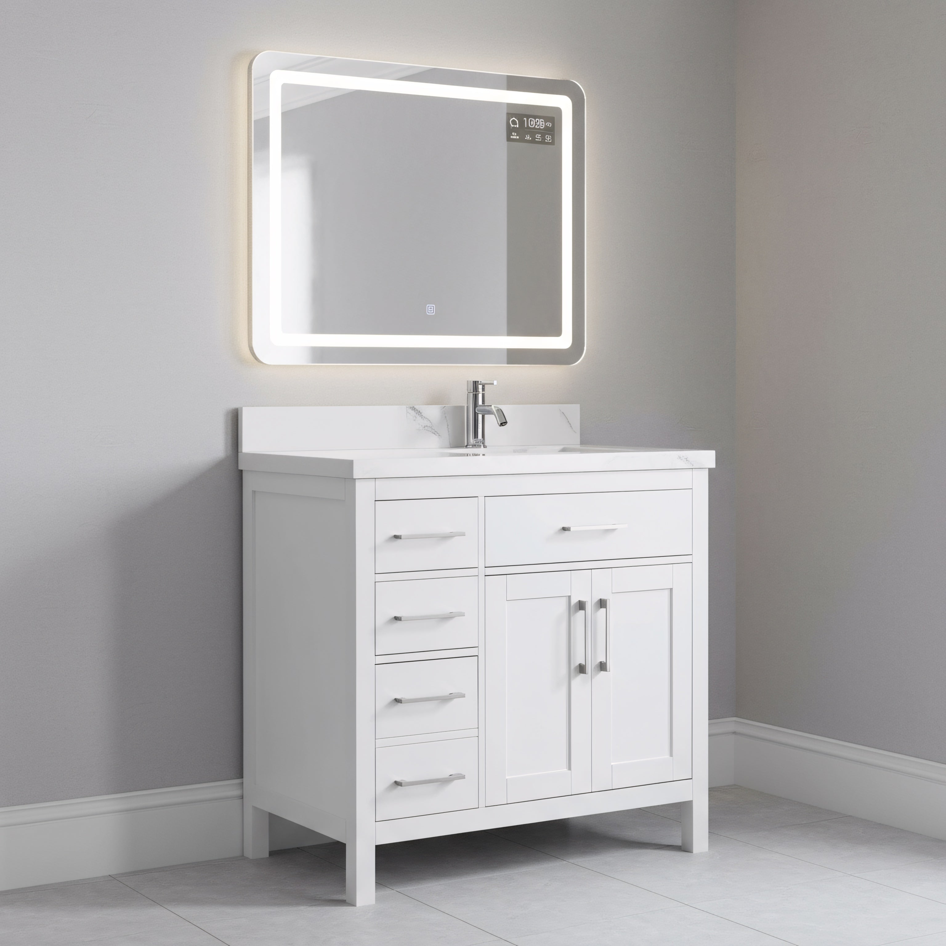 36" White Freestanding Single Sink Bathroom Vanity with Engineered Calcutta Marble Countertop-Migration_Bathroom Vanities-DECOROLALA