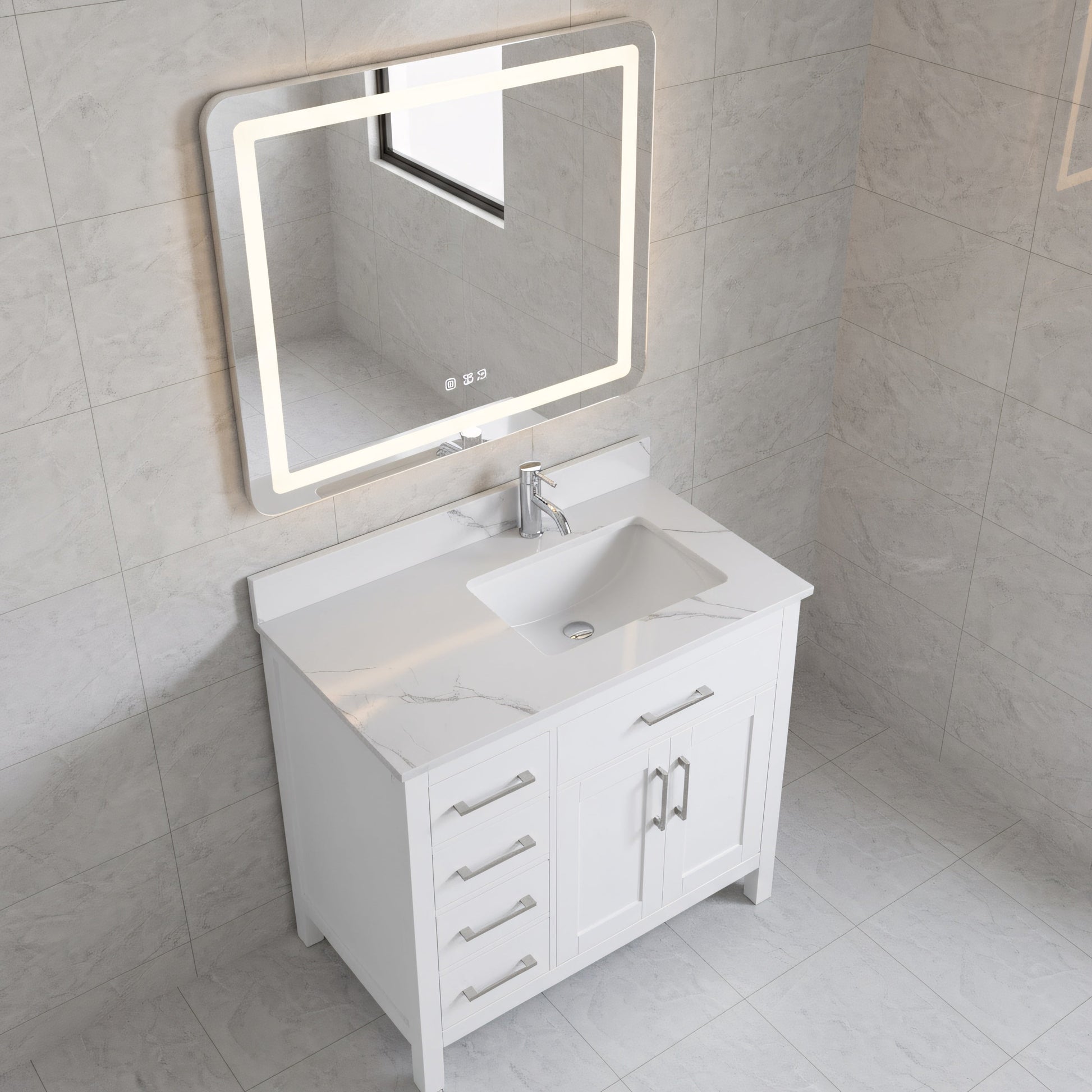 36" White Freestanding Single Sink Bathroom Vanity with Engineered Calcutta Marble Countertop-Migration_Bathroom Vanities-DECOROLALA