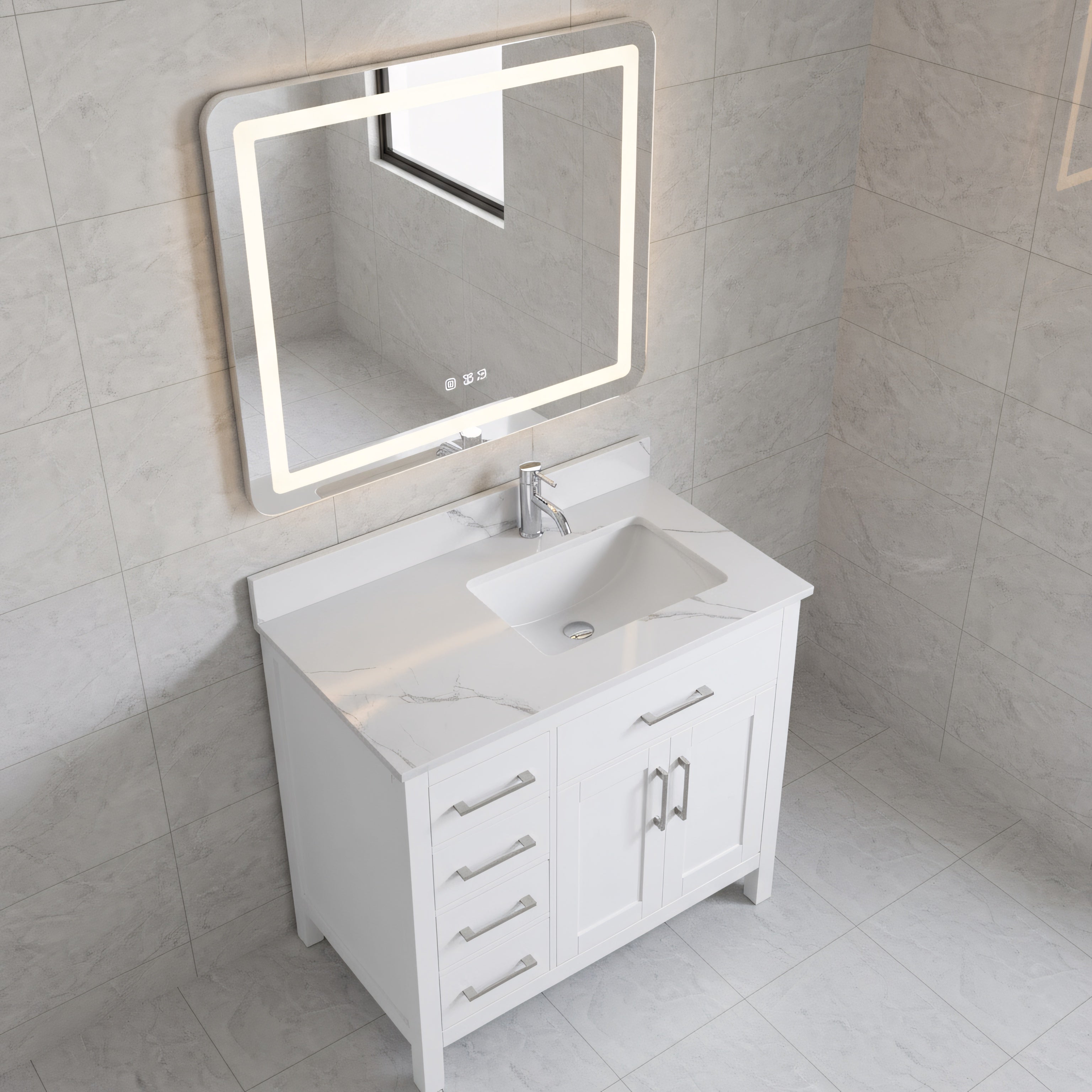 36" White Freestanding Single Sink Bathroom Vanity with Engineered Calcutta Marble Countertop-Migration_Bathroom Vanities-DECOROLALA