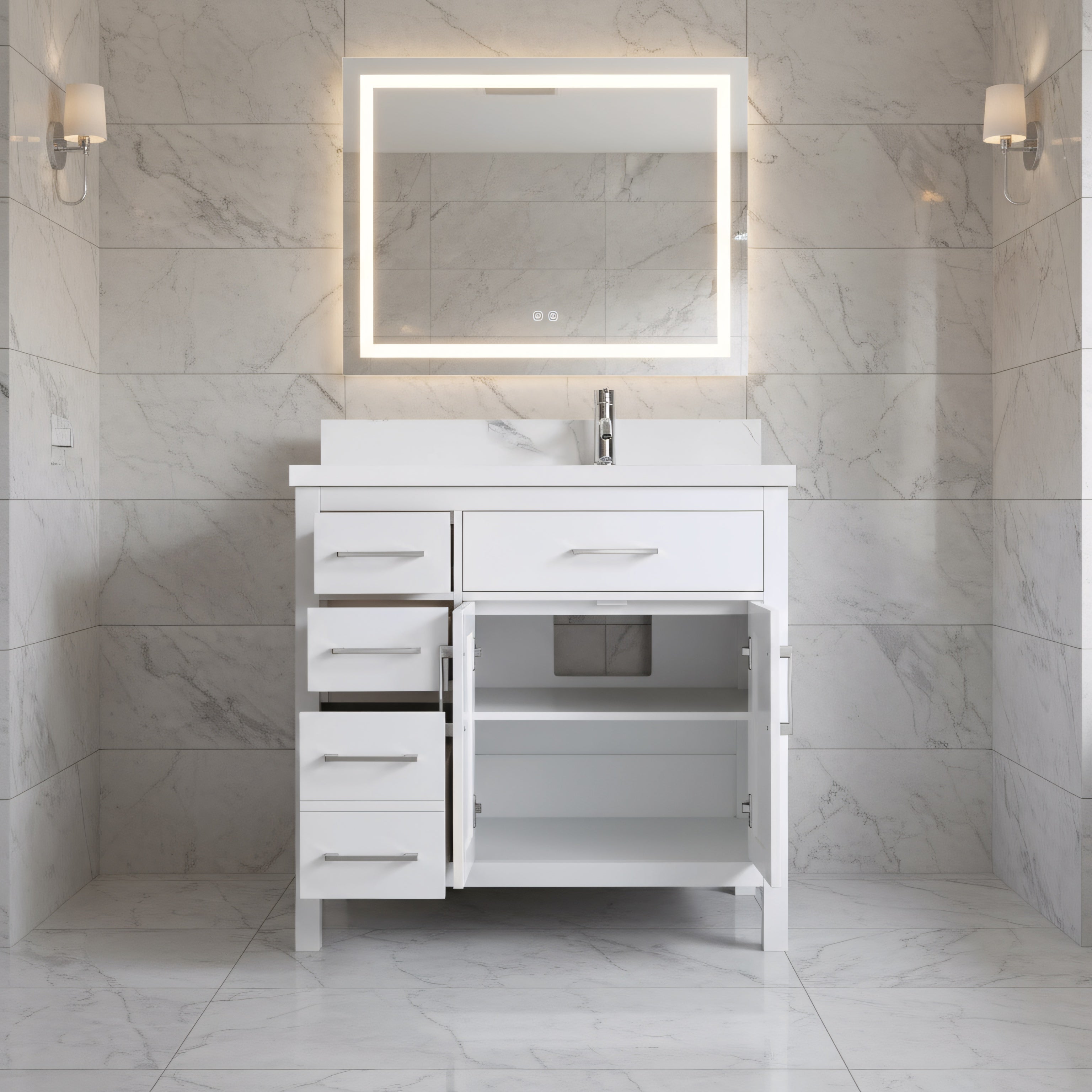 36" White Freestanding Single Sink Bathroom Vanity with Engineered Calcutta Marble Countertop-Migration_Bathroom Vanities-DECOROLALA