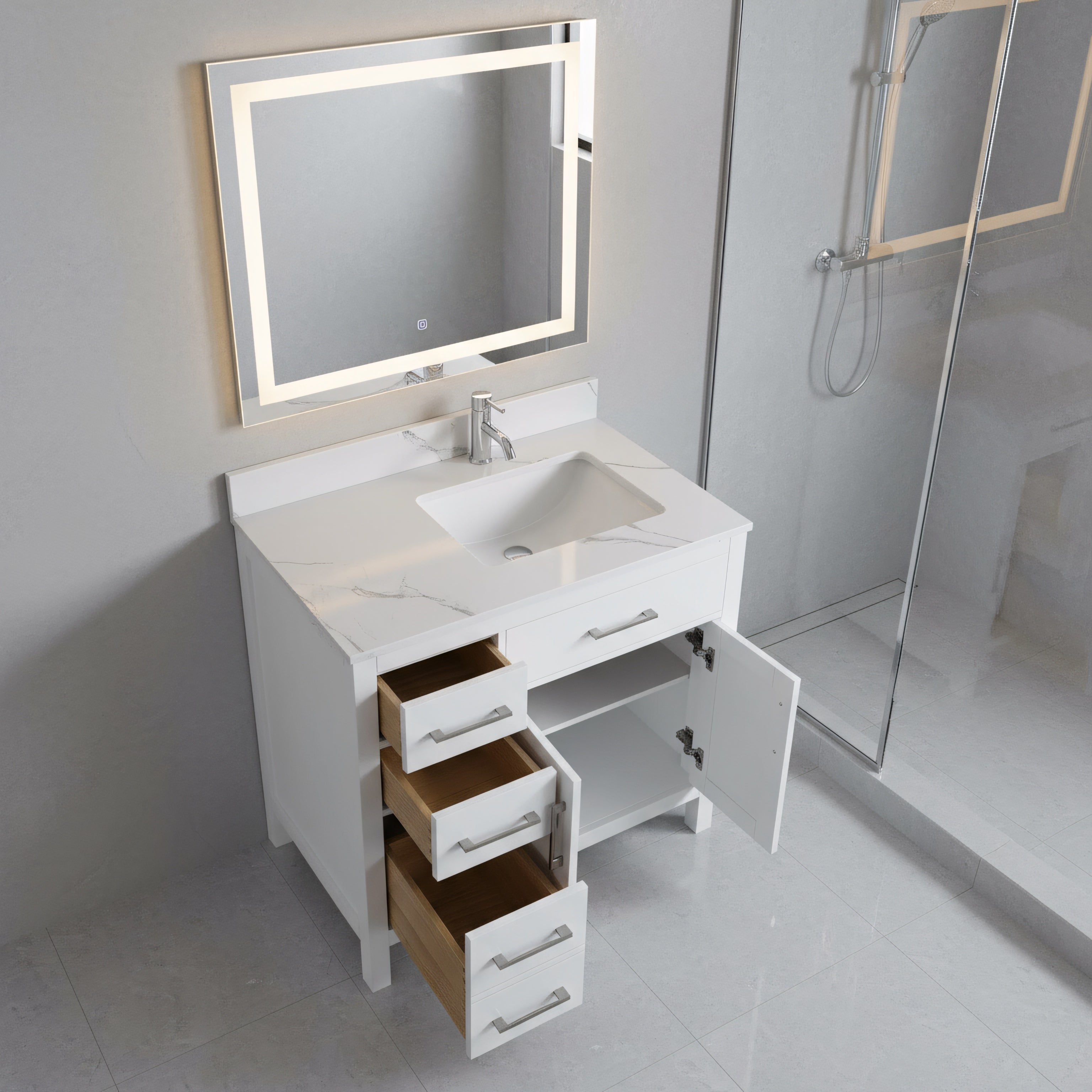 36" White Freestanding Single Sink Bathroom Vanity with Engineered Calcutta Marble Countertop-Migration_Bathroom Vanities-DECOROLALA
