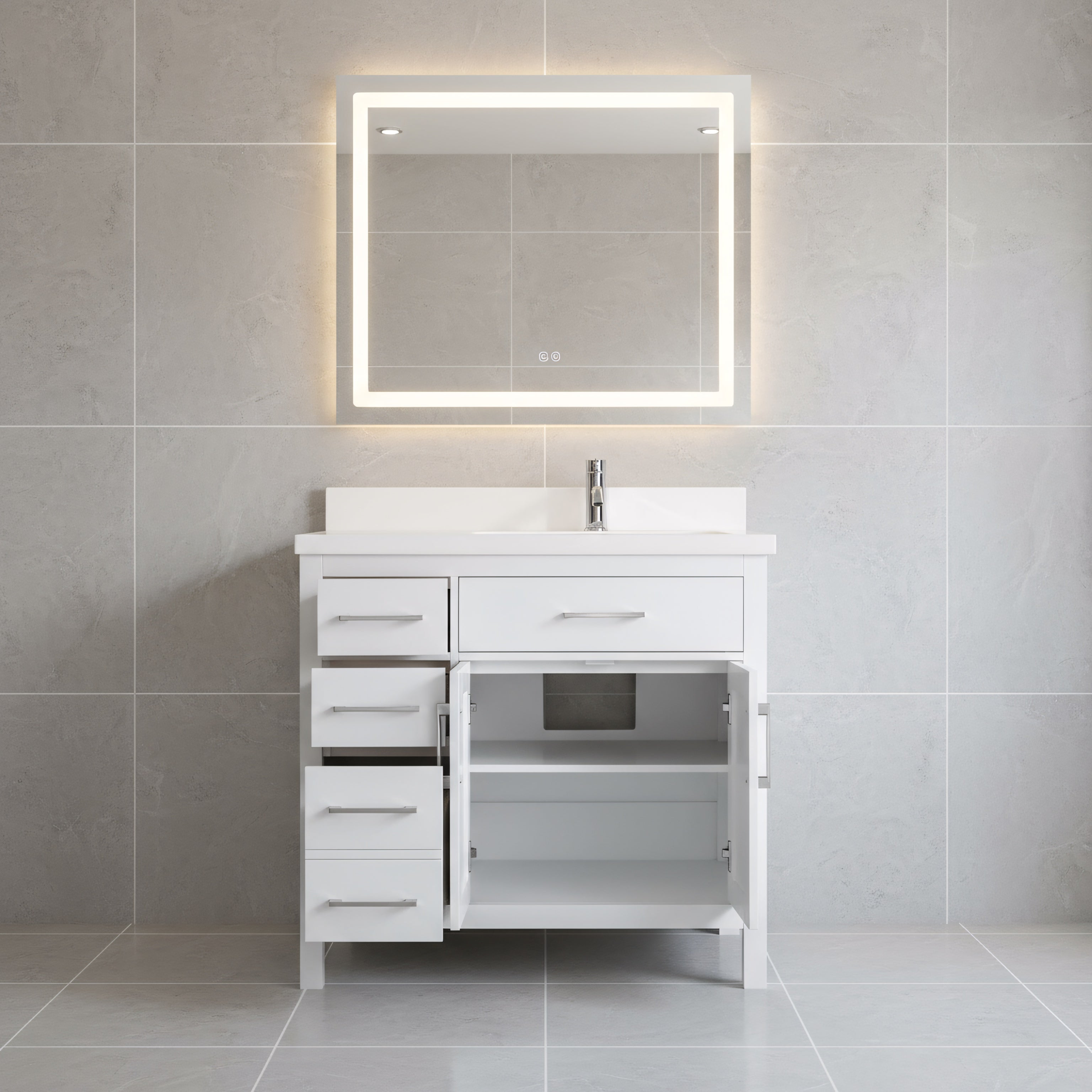 36" White Freestanding Single Sink Bathroom Vanity with Snow White Quartz Countertop-Migration_Bathroom Vanities-DECOROLALA