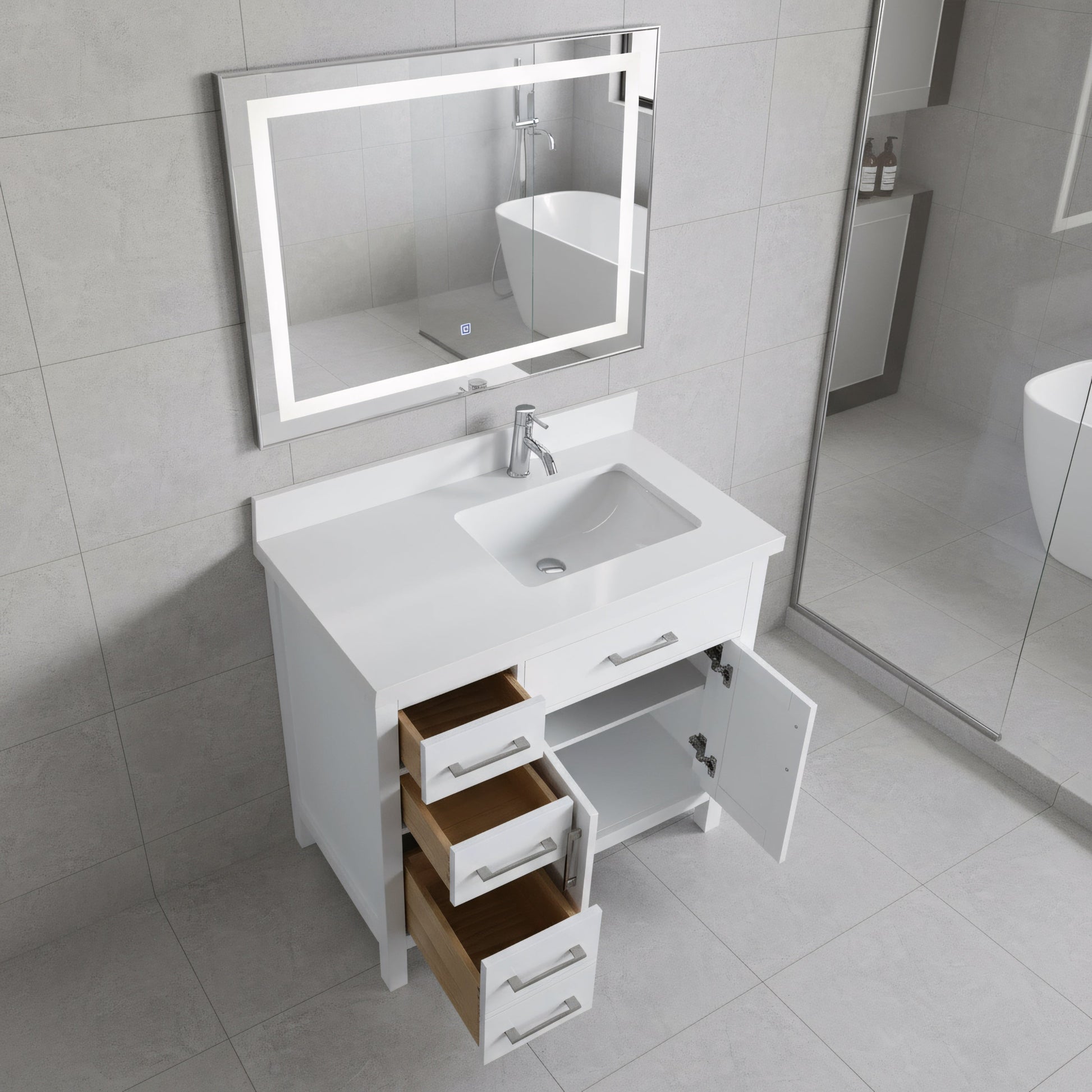 36" White Freestanding Single Sink Bathroom Vanity with Snow White Quartz Countertop-Migration_Bathroom Vanities-DECOROLALA