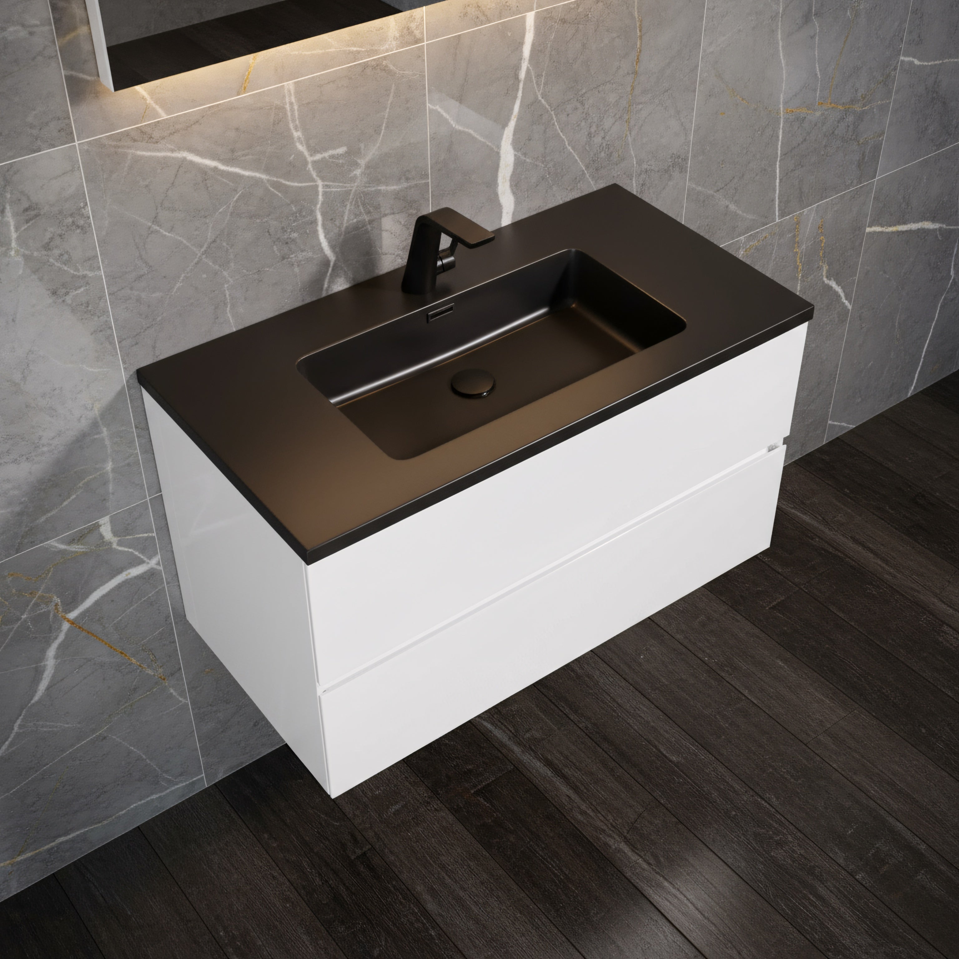 36" White Wall Mount Bathroom Vanity with Black Engineered Quartz Countertop-Migration_Bathroom Vanities-DECOROLALA