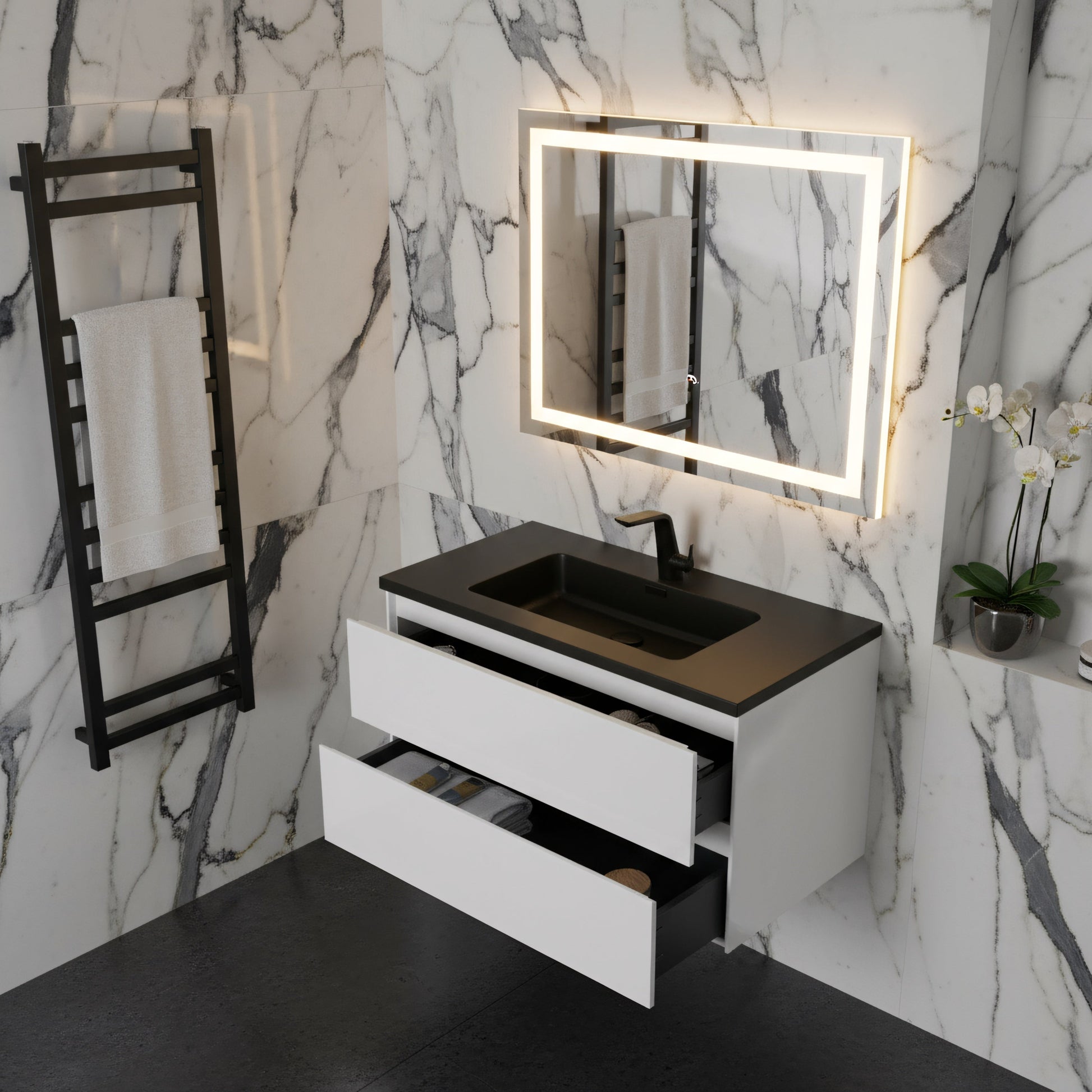 36" White Wall Mount Bathroom Vanity with Black Engineered Quartz Countertop-Migration_Bathroom Vanities-DECOROLALA
