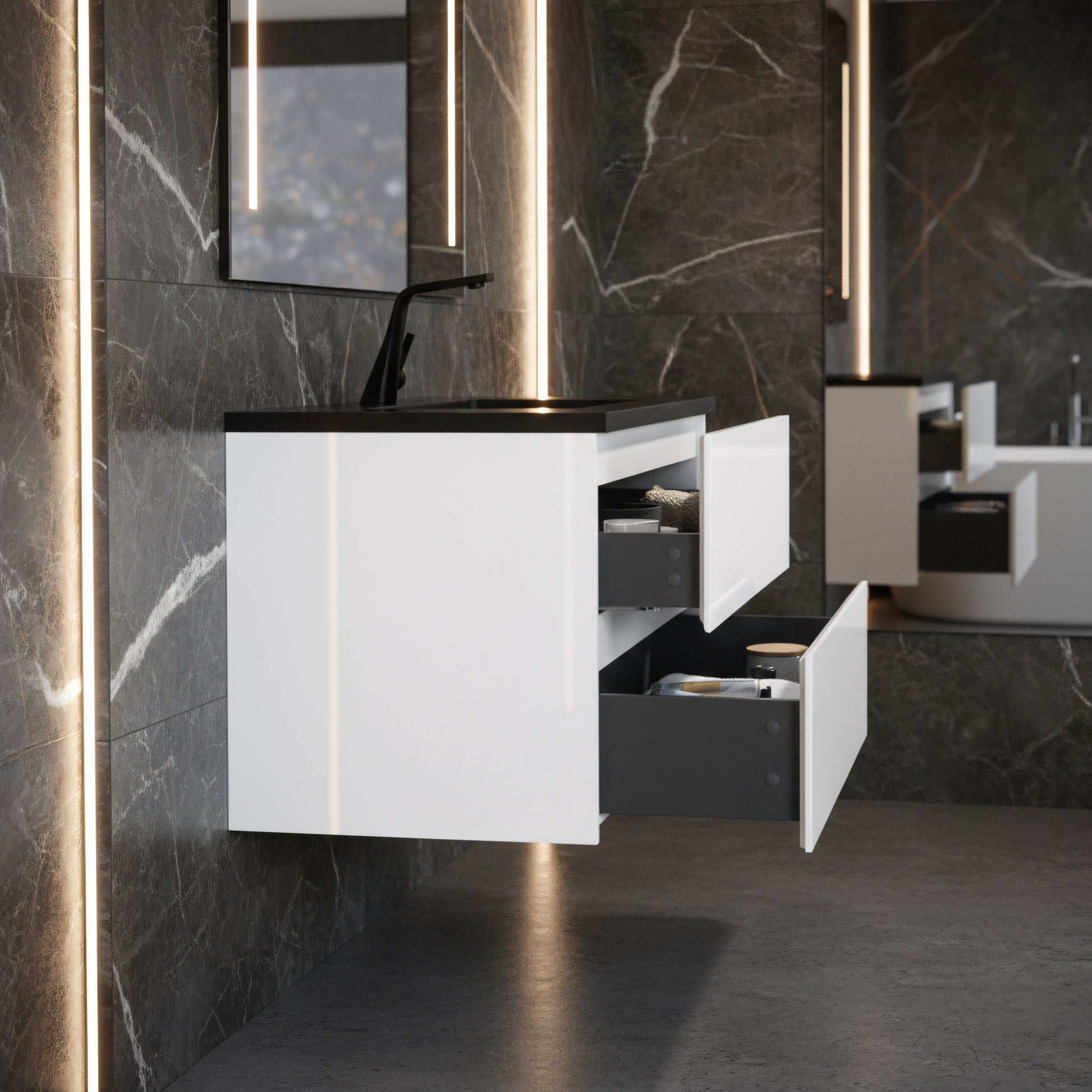 36" White Wall Mount Bathroom Vanity with Black Engineered Quartz Countertop-Migration_Bathroom Vanities-DECOROLALA