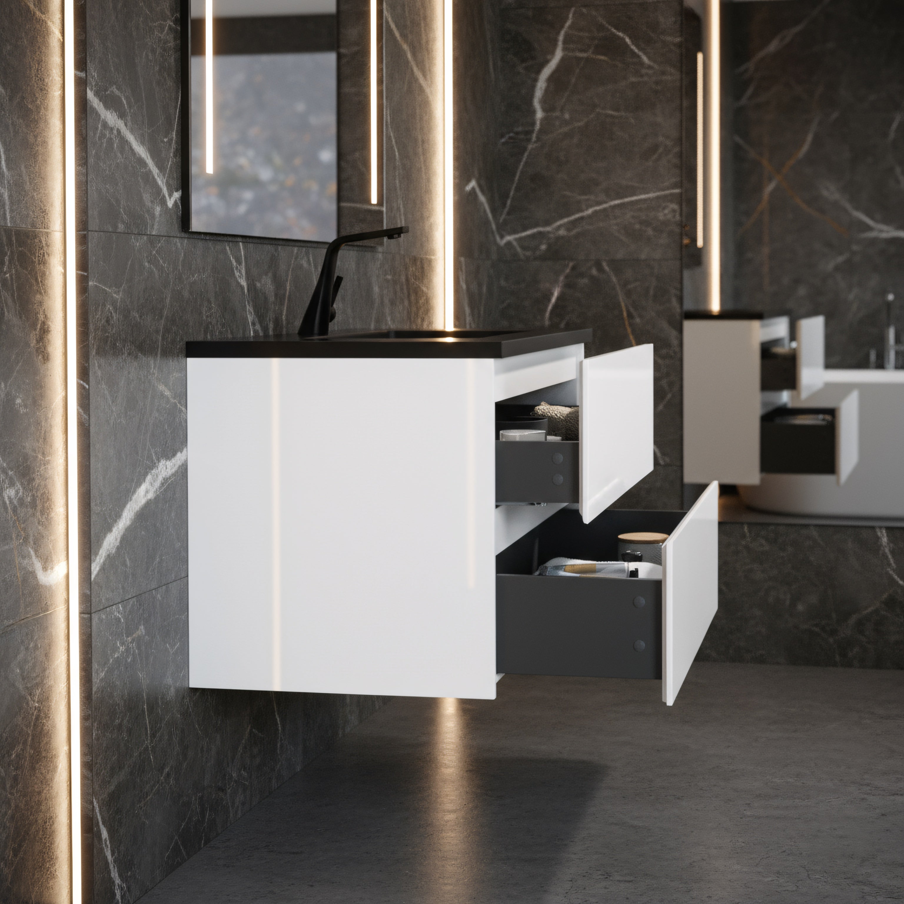 36" White Wall Mount Bathroom Vanity with Black Engineered Quartz Countertop-Migration_Bathroom Vanities-DECOROLALA