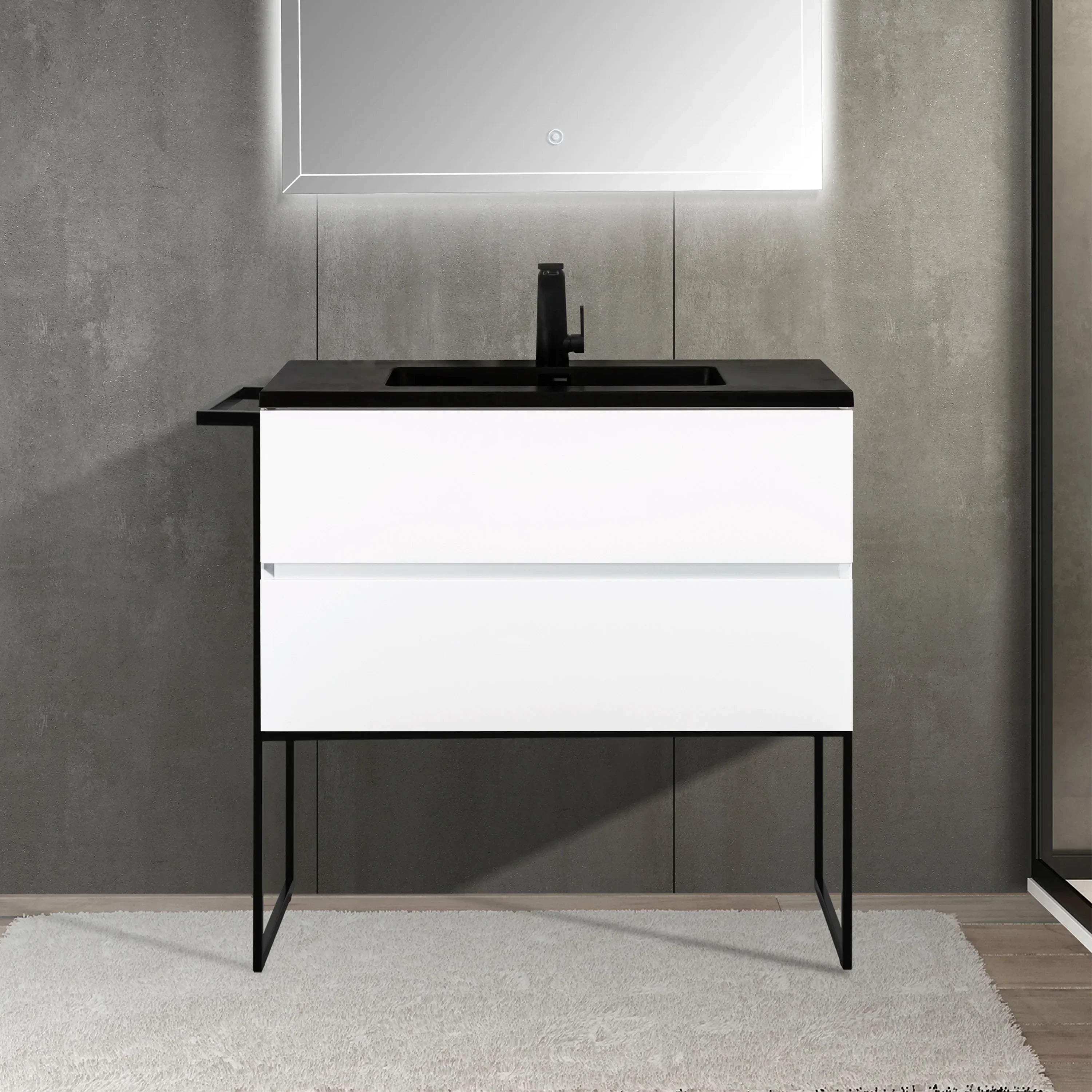36" White Wall Mount Bathroom Vanity with Black Engineered Quartz Countertop-Migration_Bathroom Vanities-DECOROLALA