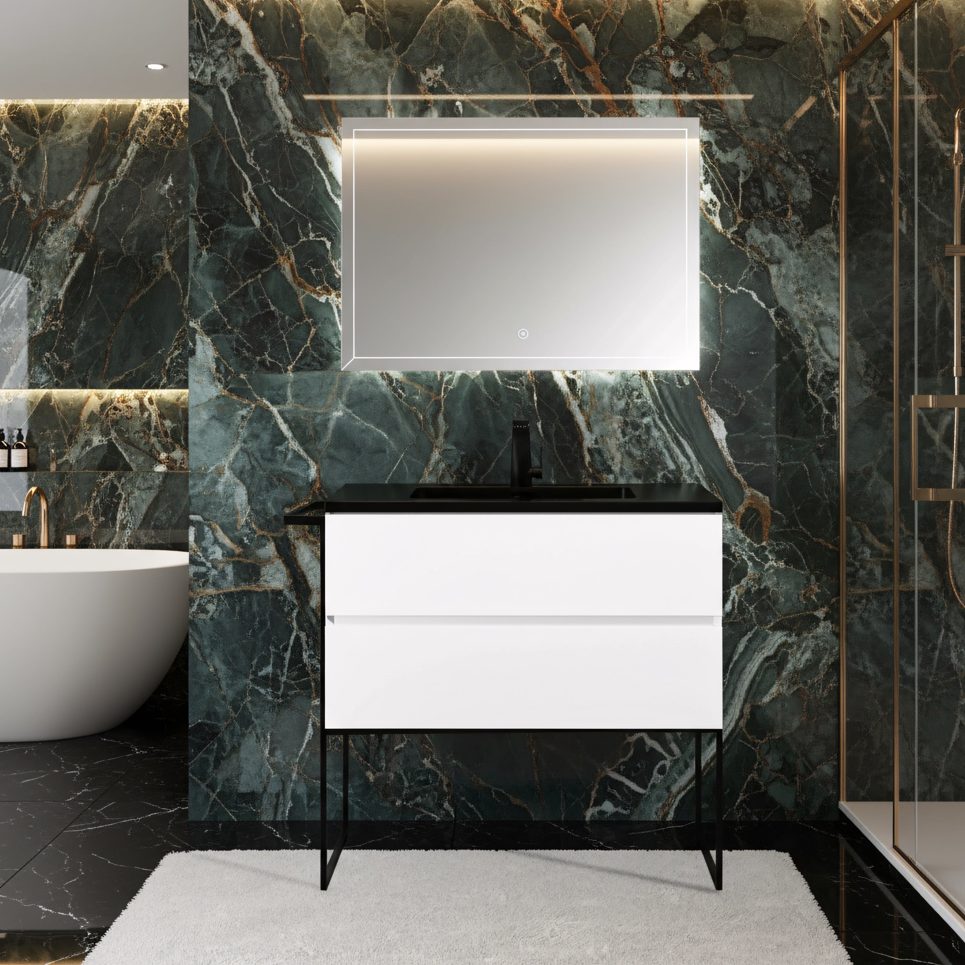 36" White Wall Mount Bathroom Vanity with Black Engineered Quartz Countertop-Migration_Bathroom Vanities-DECOROLALA